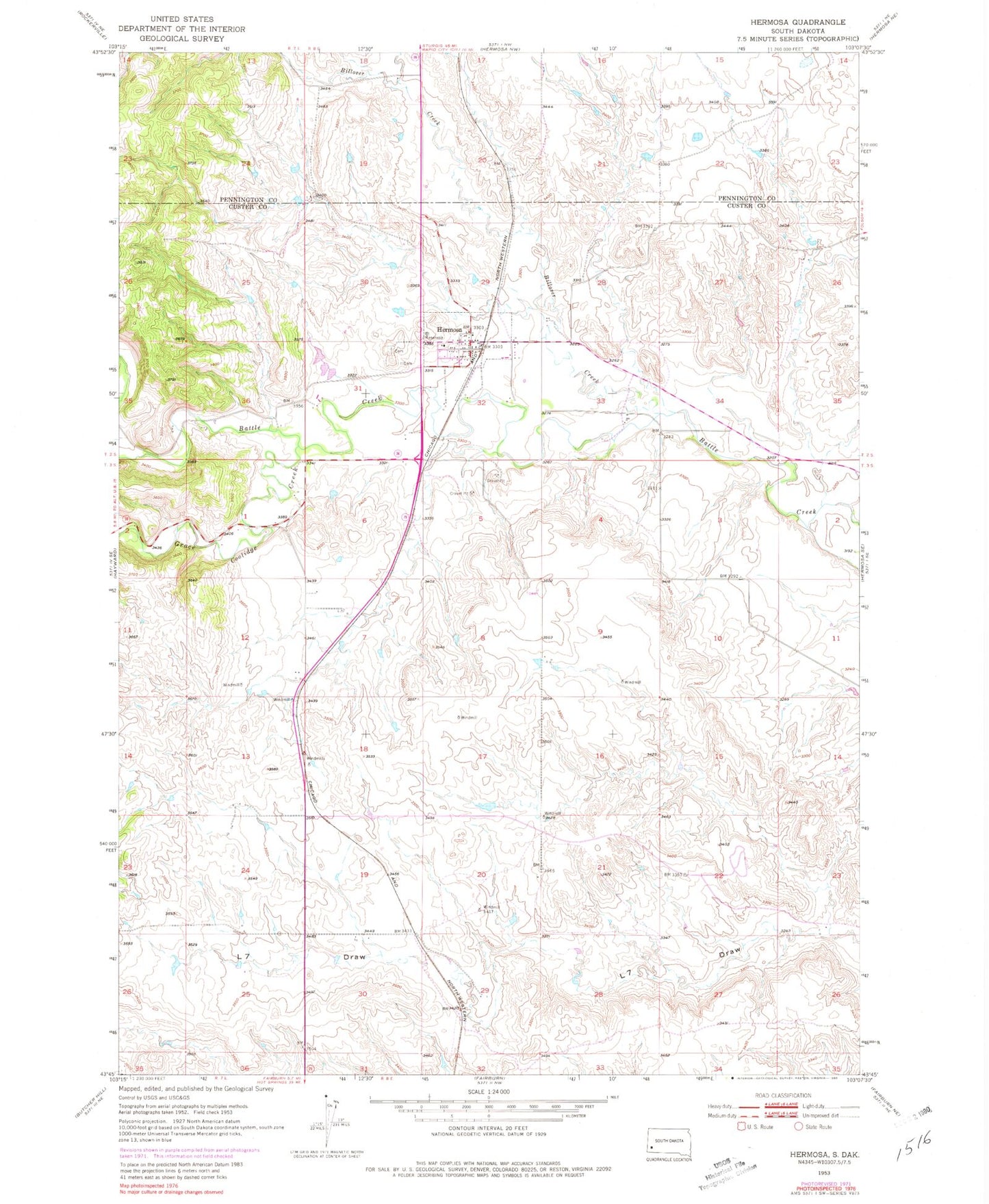 Classic USGS Hermosa South Dakota 7.5'x7.5' Topo Map Image