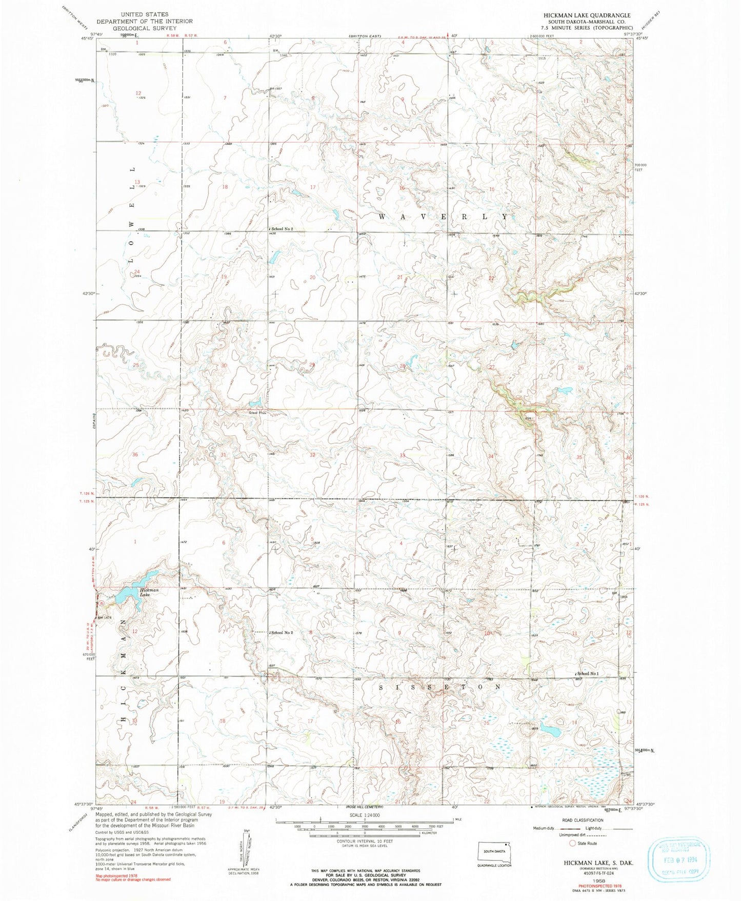 Classic USGS Hickman Lake South Dakota 7.5'x7.5' Topo Map Image