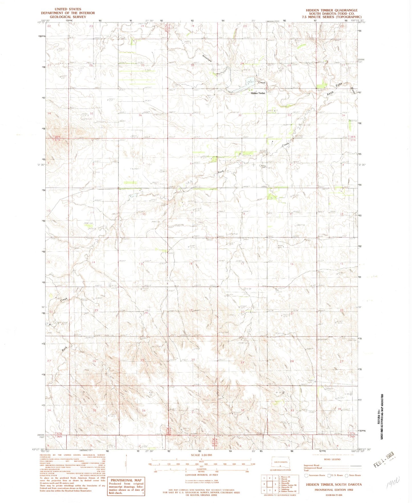 Classic USGS Hidden Timber South Dakota 7.5'x7.5' Topo Map Image