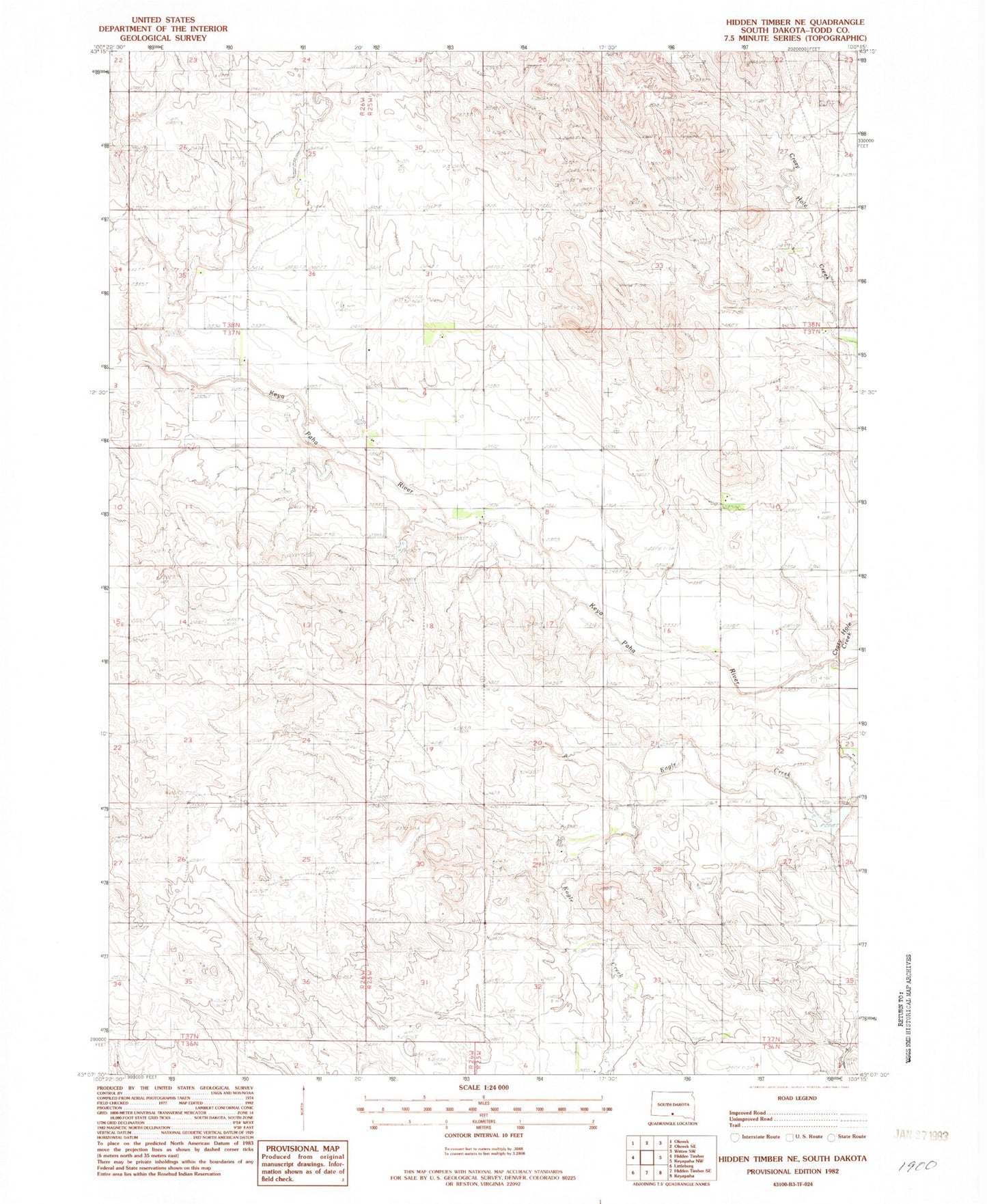 Classic USGS Hidden Timber NE South Dakota 7.5'x7.5' Topo Map Image