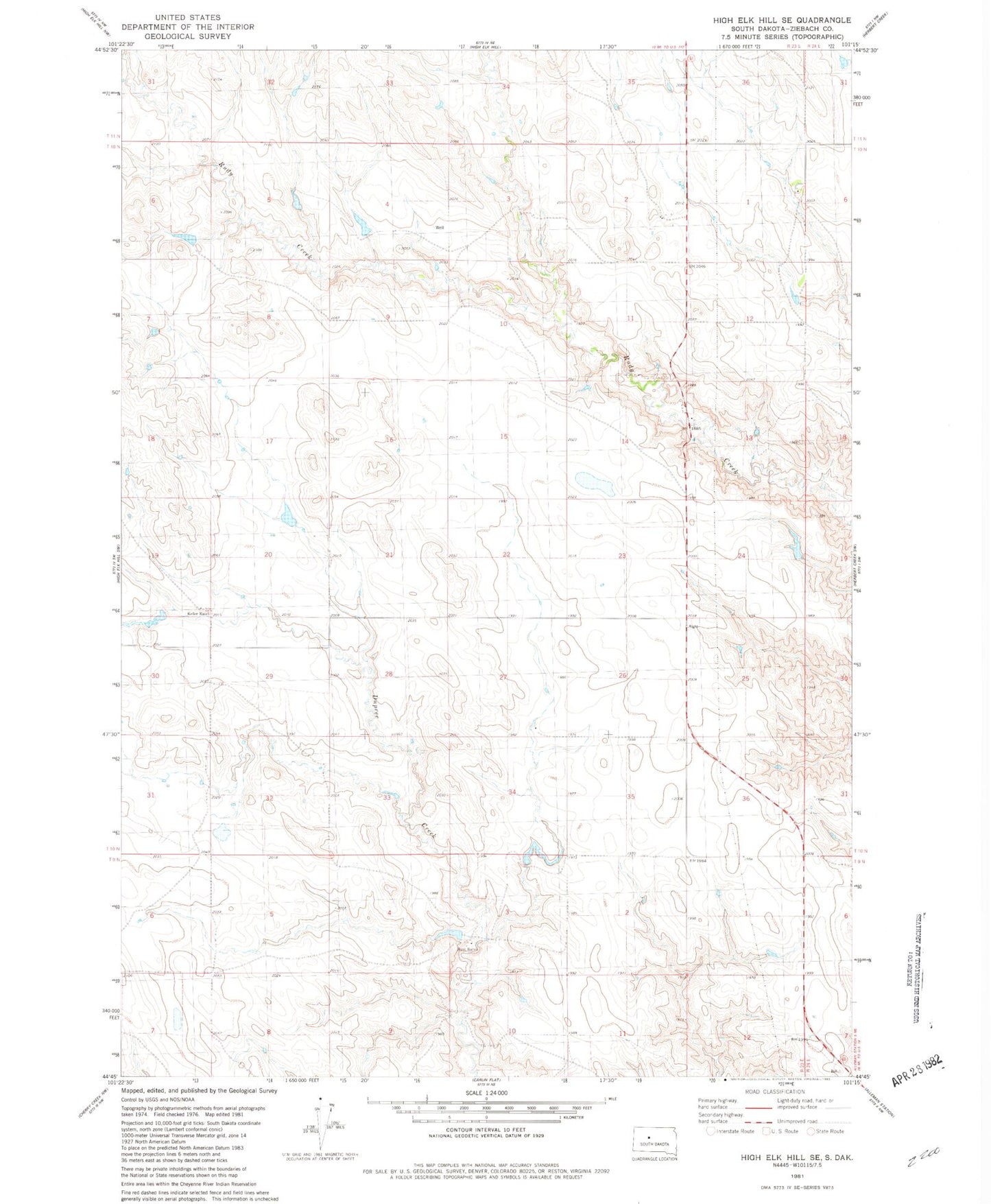 Classic USGS High Elk Hill SE South Dakota 7.5'x7.5' Topo Map Image