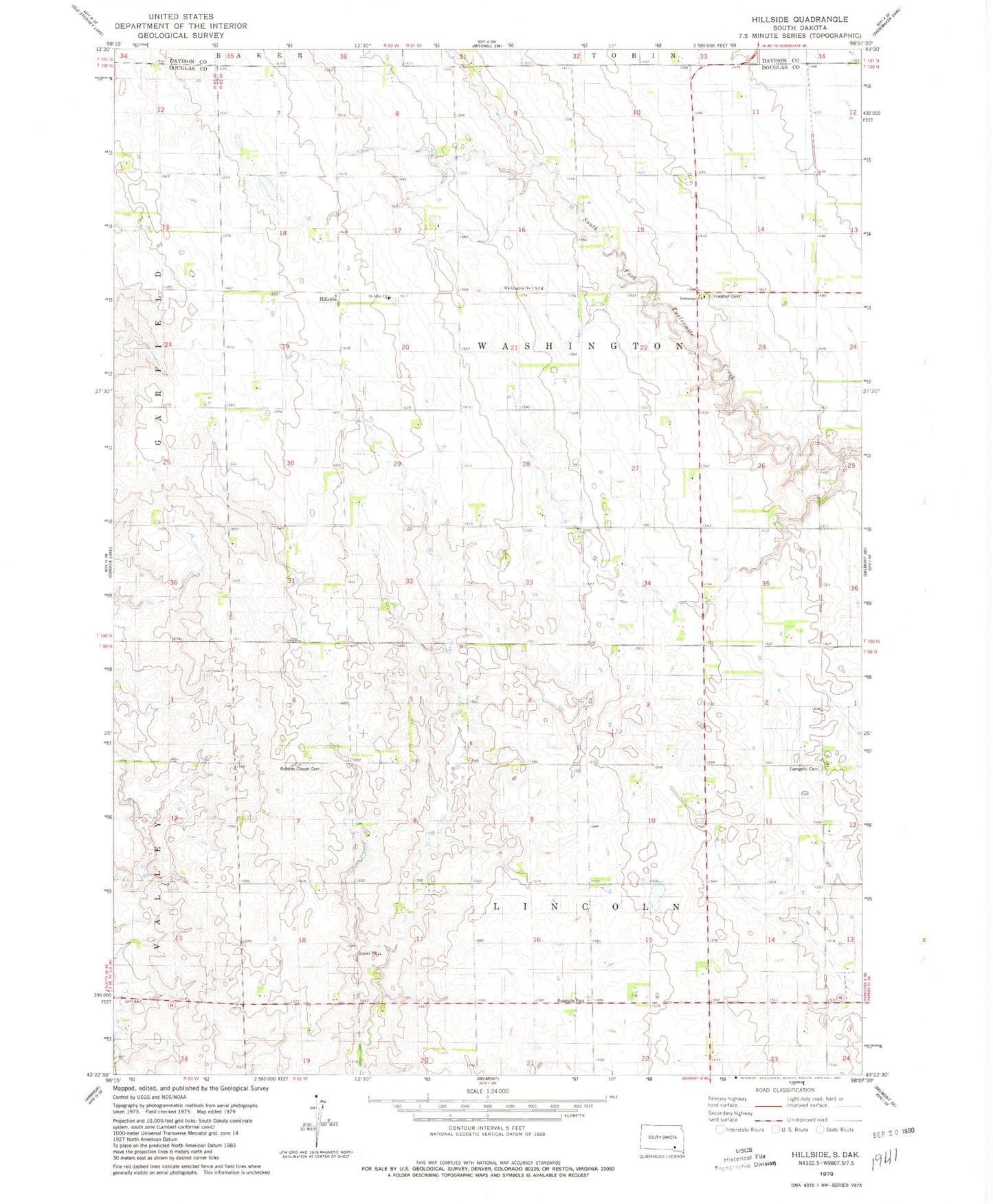 Classic USGS Hillside South Dakota 7.5'x7.5' Topo Map Image