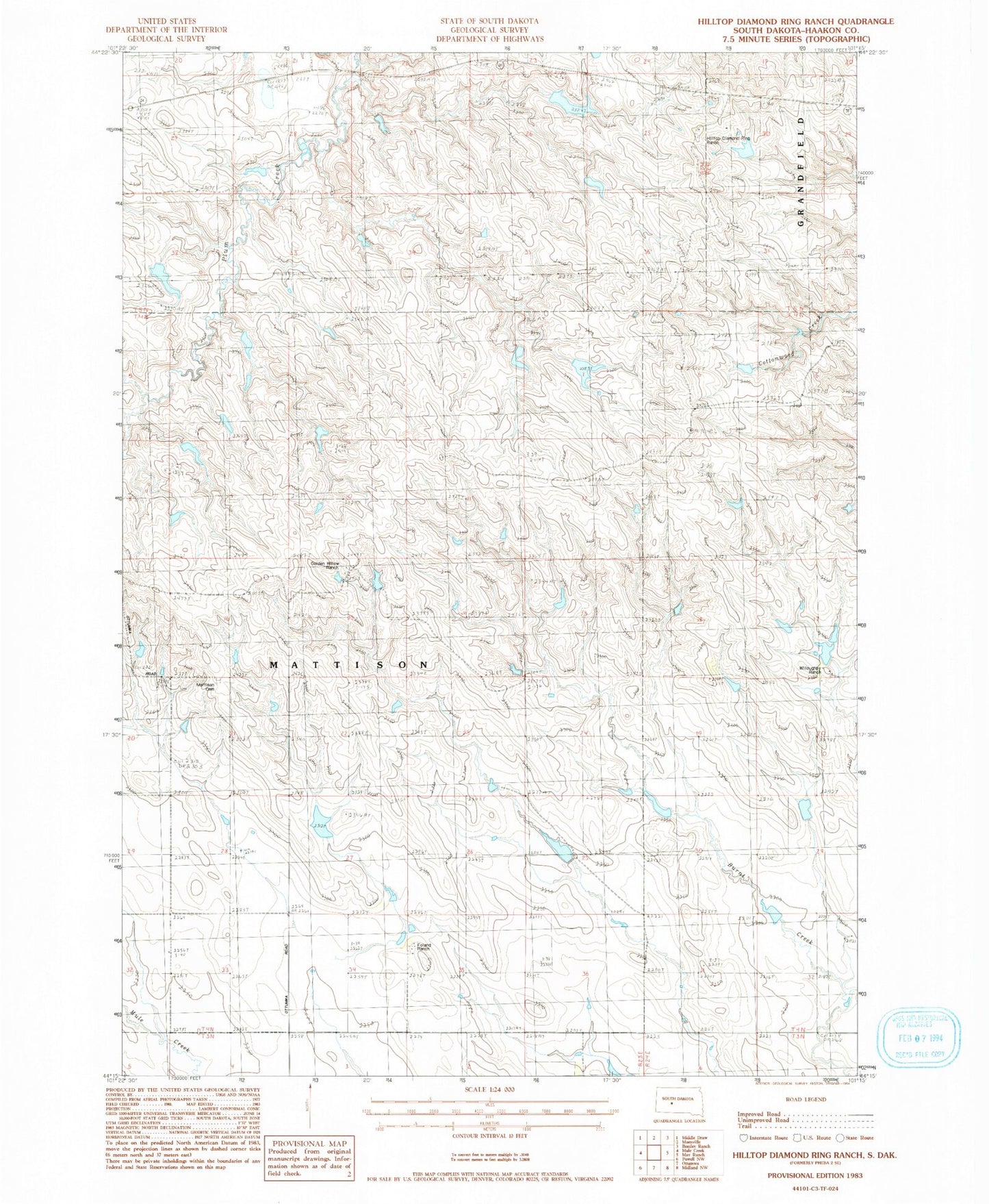 Classic USGS Hilltop Diamond Ring Ranch South Dakota 7.5'x7.5' Topo Map Image