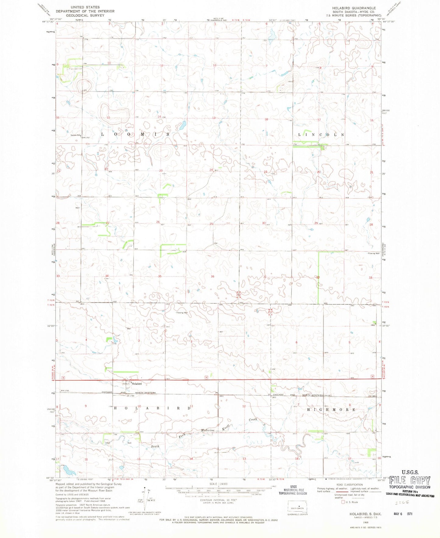 Classic USGS Holabird South Dakota 7.5'x7.5' Topo Map Image