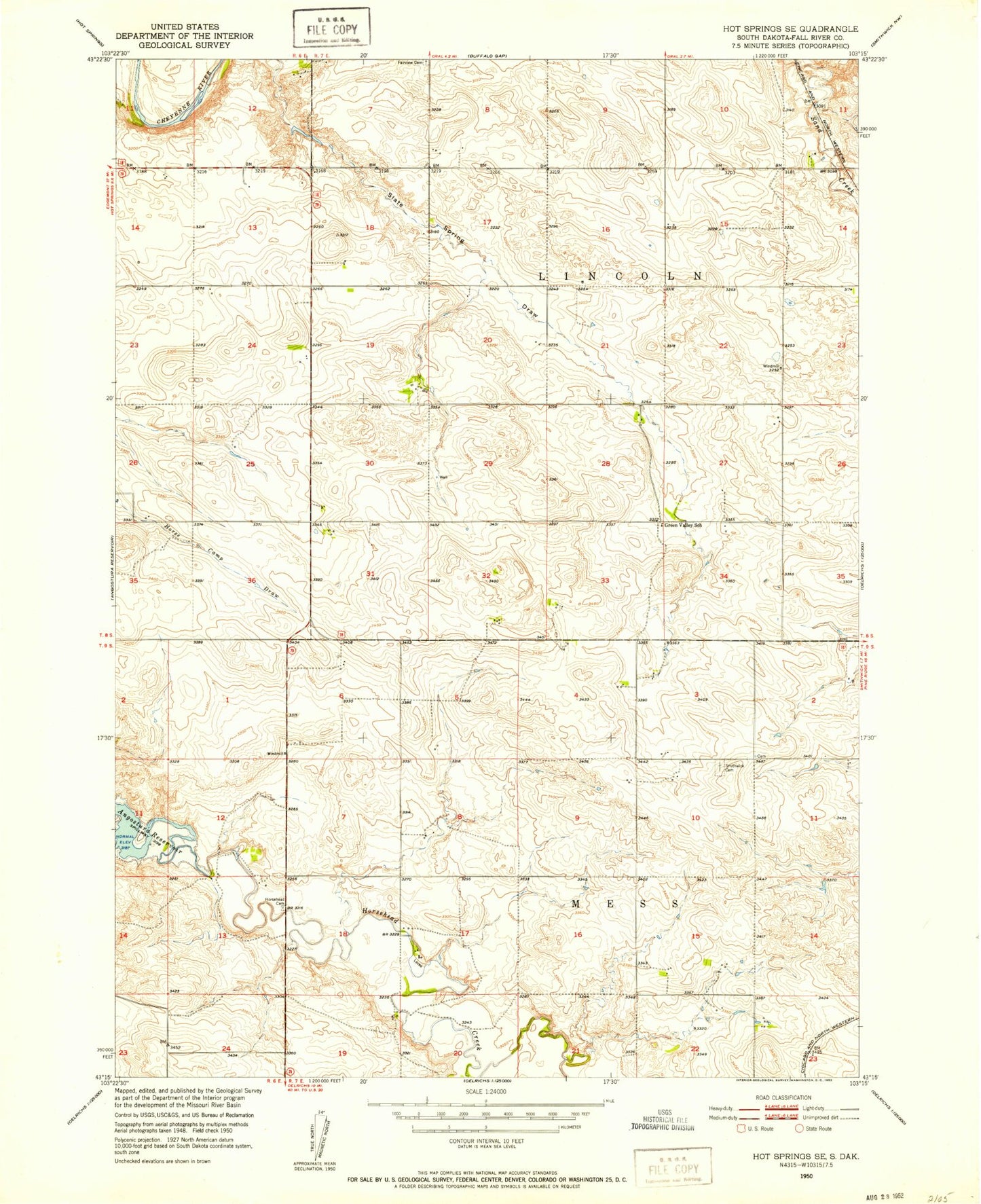 Classic USGS Hot Springs SE South Dakota 7.5'x7.5' Topo Map Image