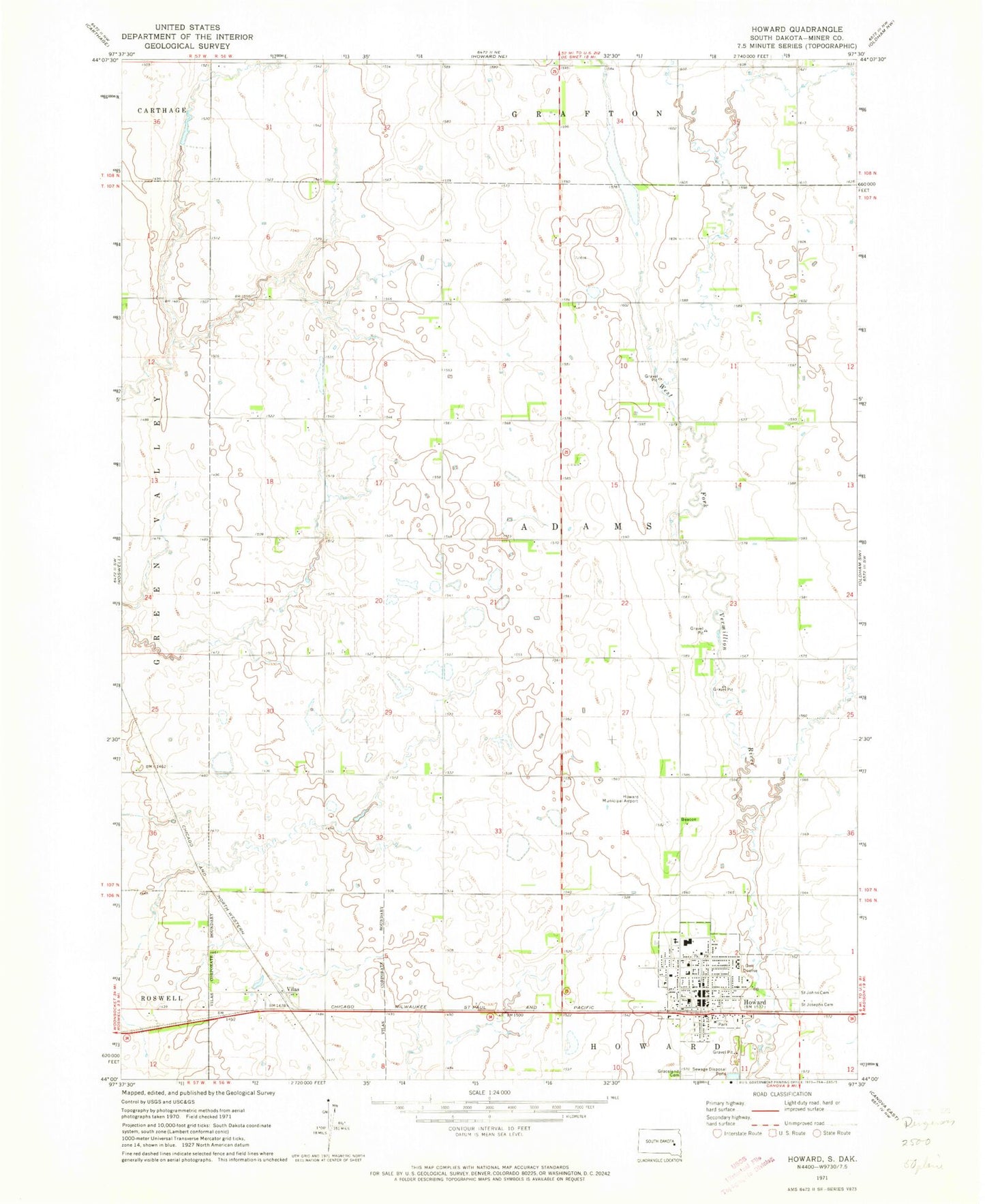 Classic USGS Howard South Dakota 7.5'x7.5' Topo Map Image