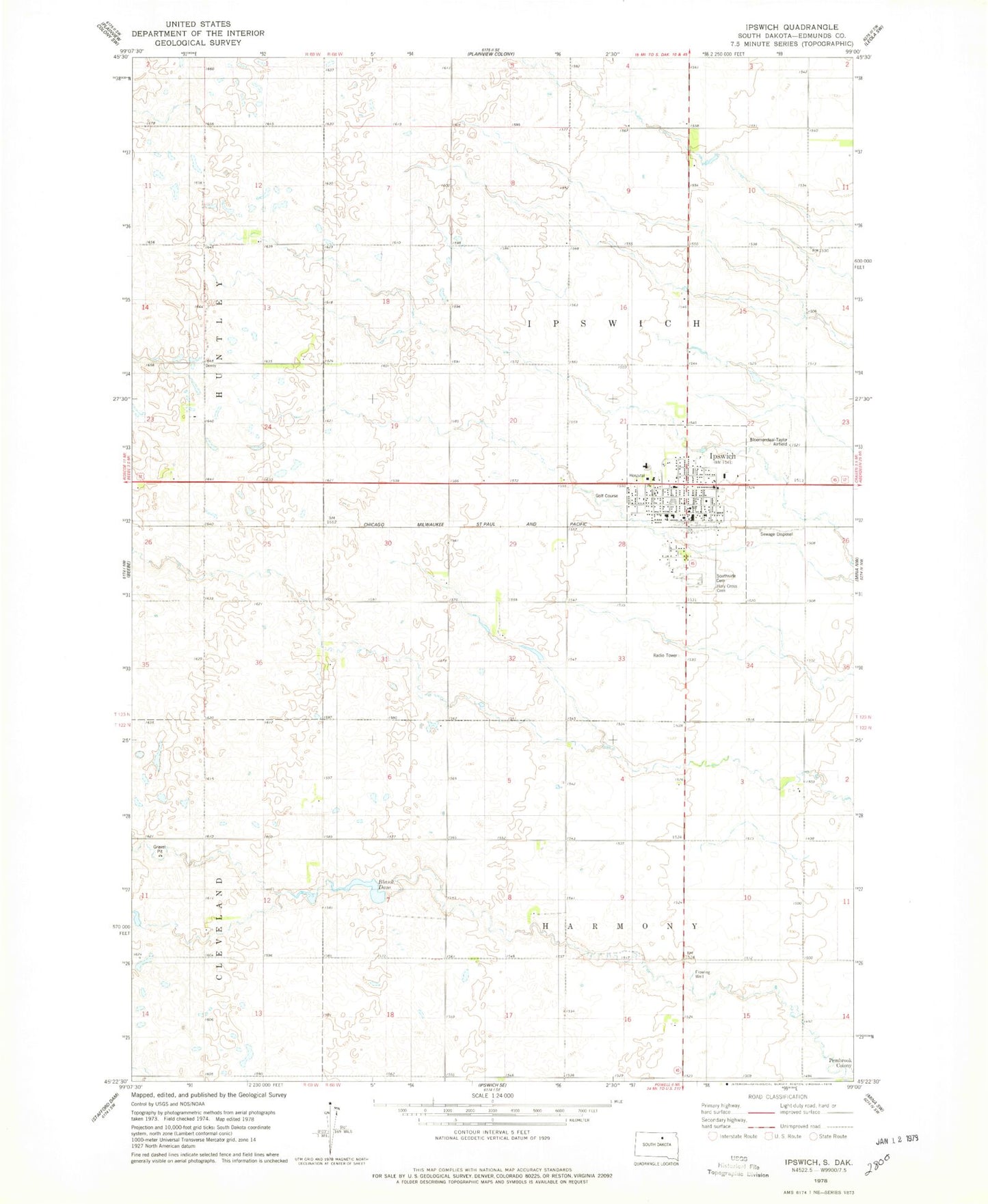 Classic USGS Ipswich South Dakota 7.5'x7.5' Topo Map Image