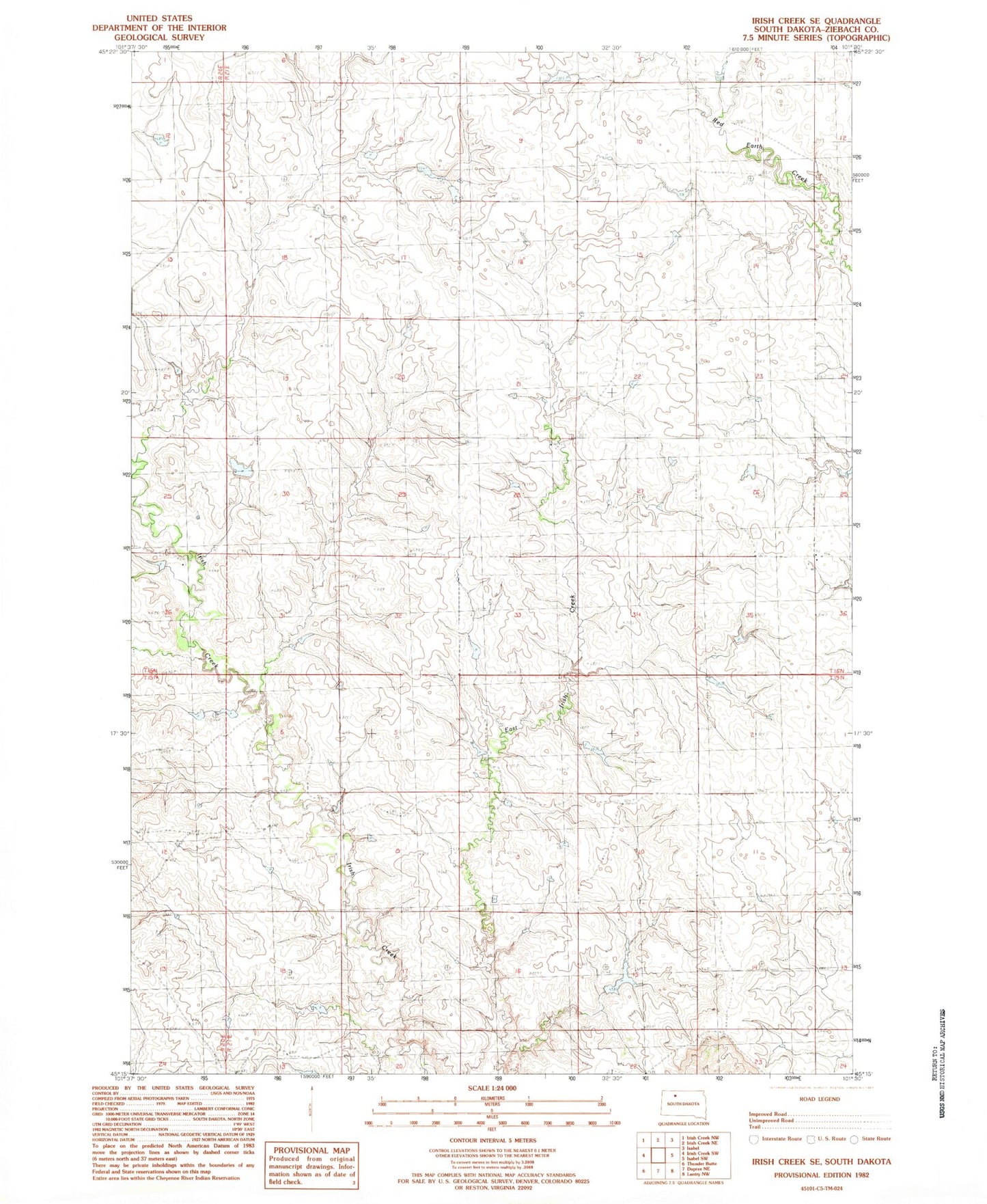 Classic USGS Irish Creek SE South Dakota 7.5'x7.5' Topo Map Image
