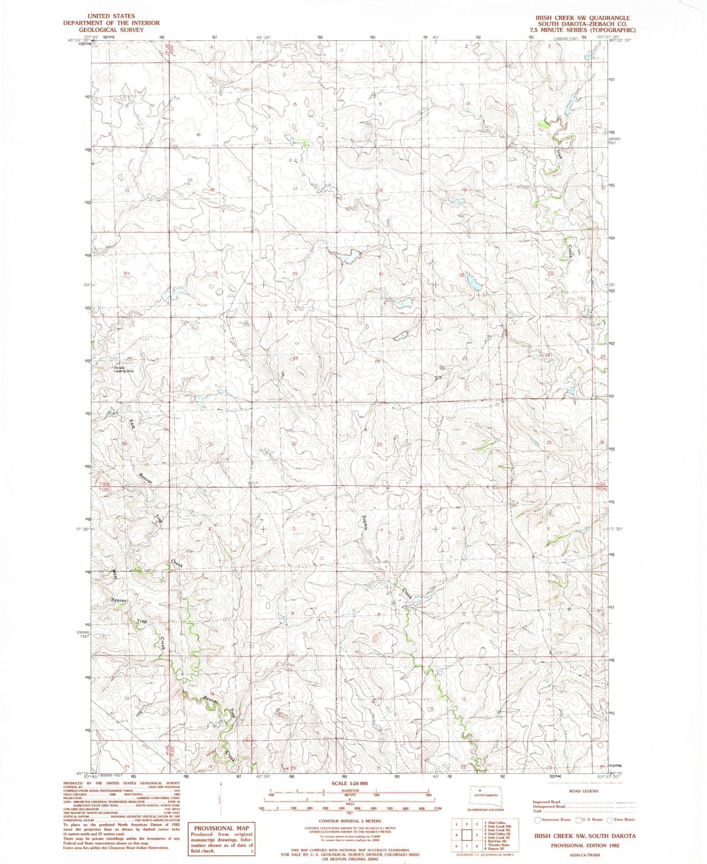 Classic USGS Irish Creek SW South Dakota 7.5'x7.5' Topo Map Image