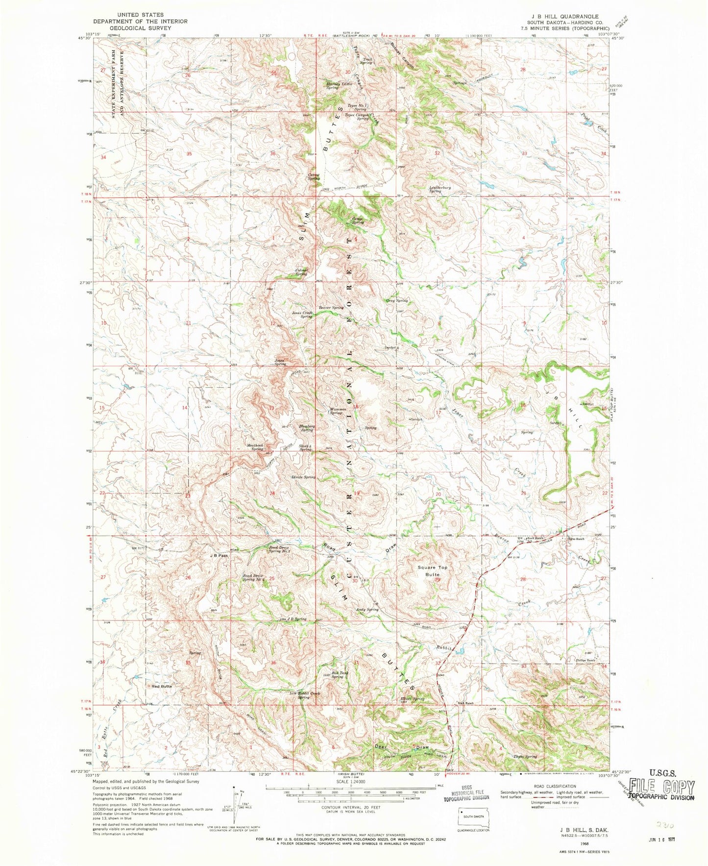 Classic USGS J B Hill South Dakota 7.5'x7.5' Topo Map Image
