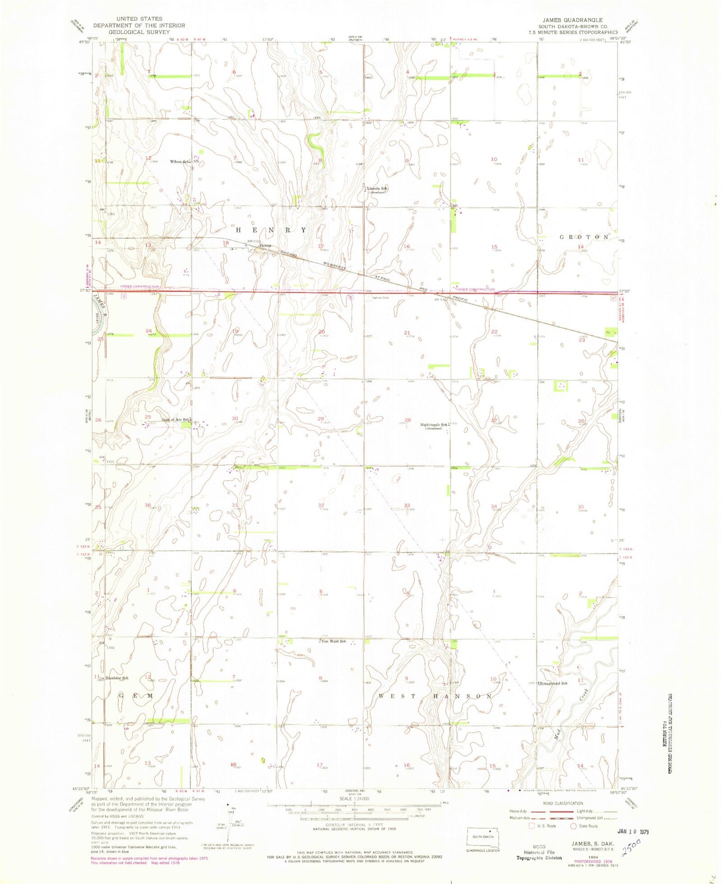 Classic USGS James South Dakota 7.5'x7.5' Topo Map Image