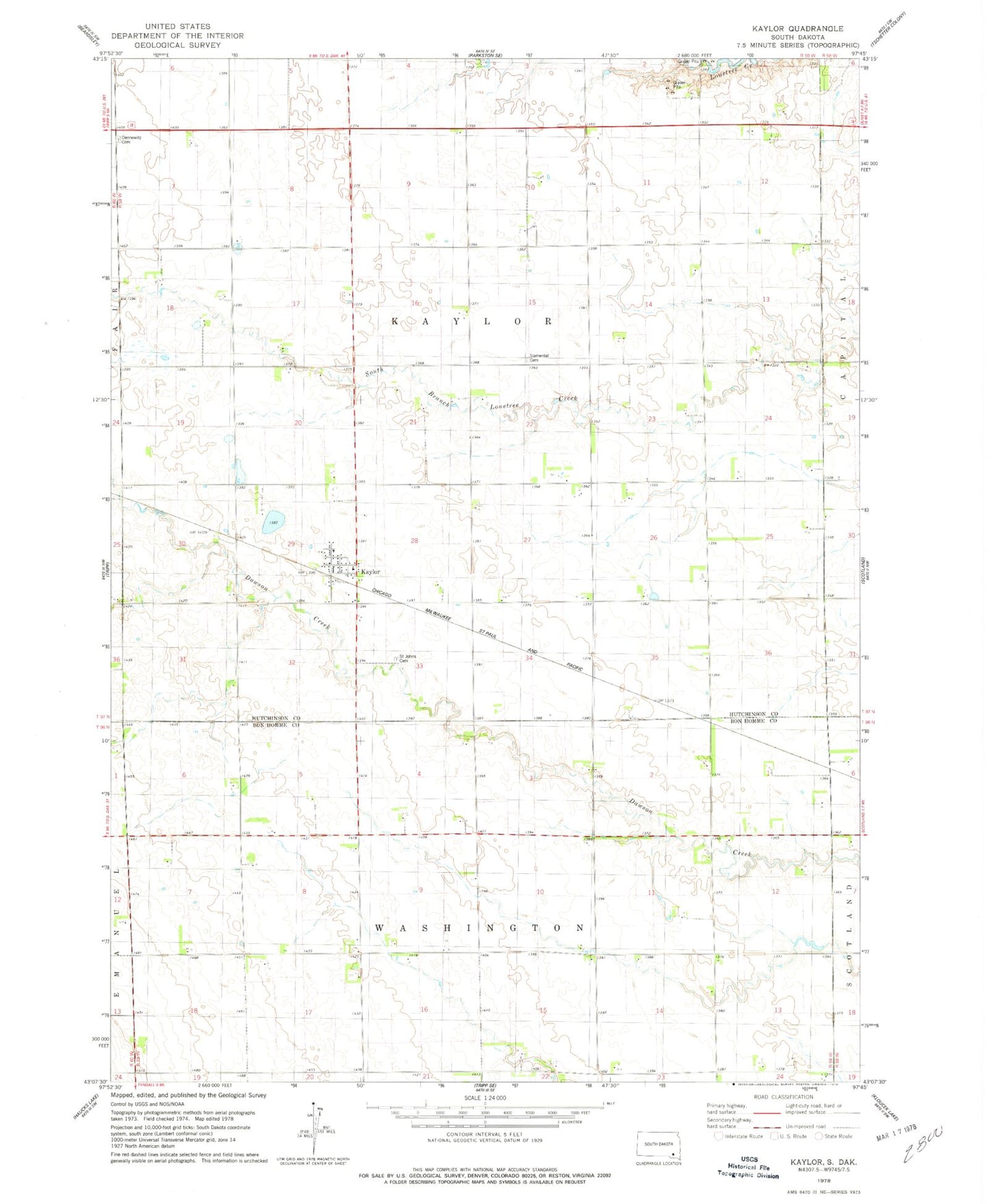 Classic USGS Kaylor South Dakota 7.5'x7.5' Topo Map Image