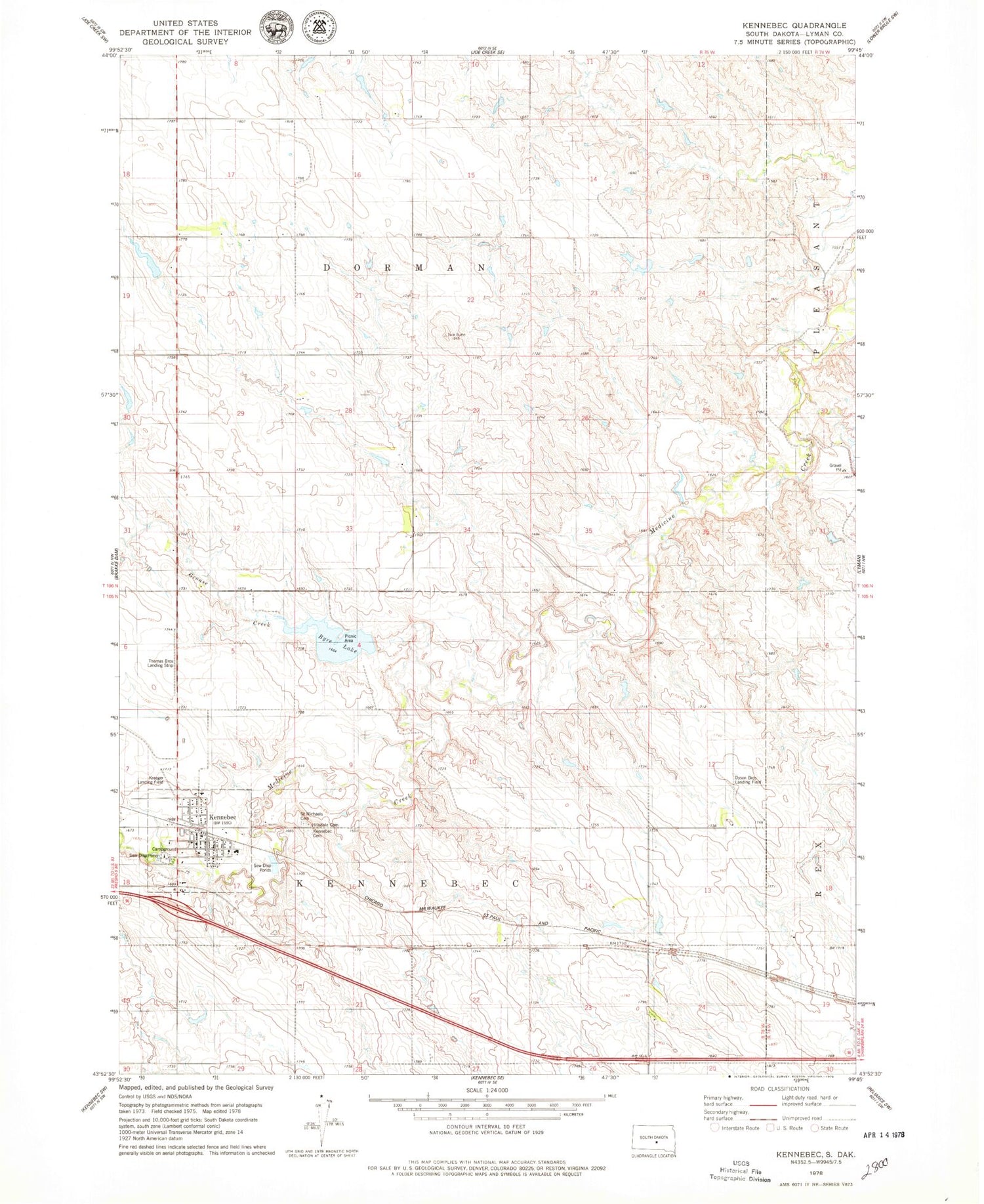 Classic USGS Kennebec South Dakota 7.5'x7.5' Topo Map Image