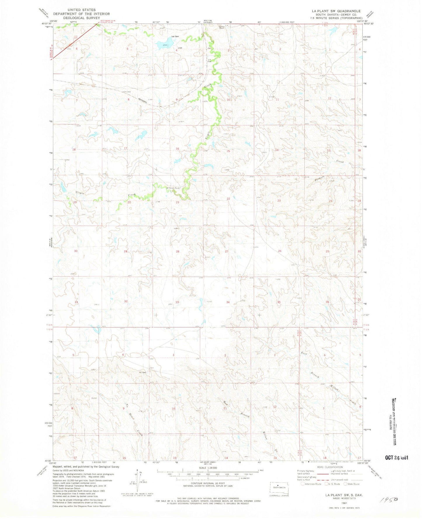 Classic USGS La Plant SW South Dakota 7.5'x7.5' Topo Map Image