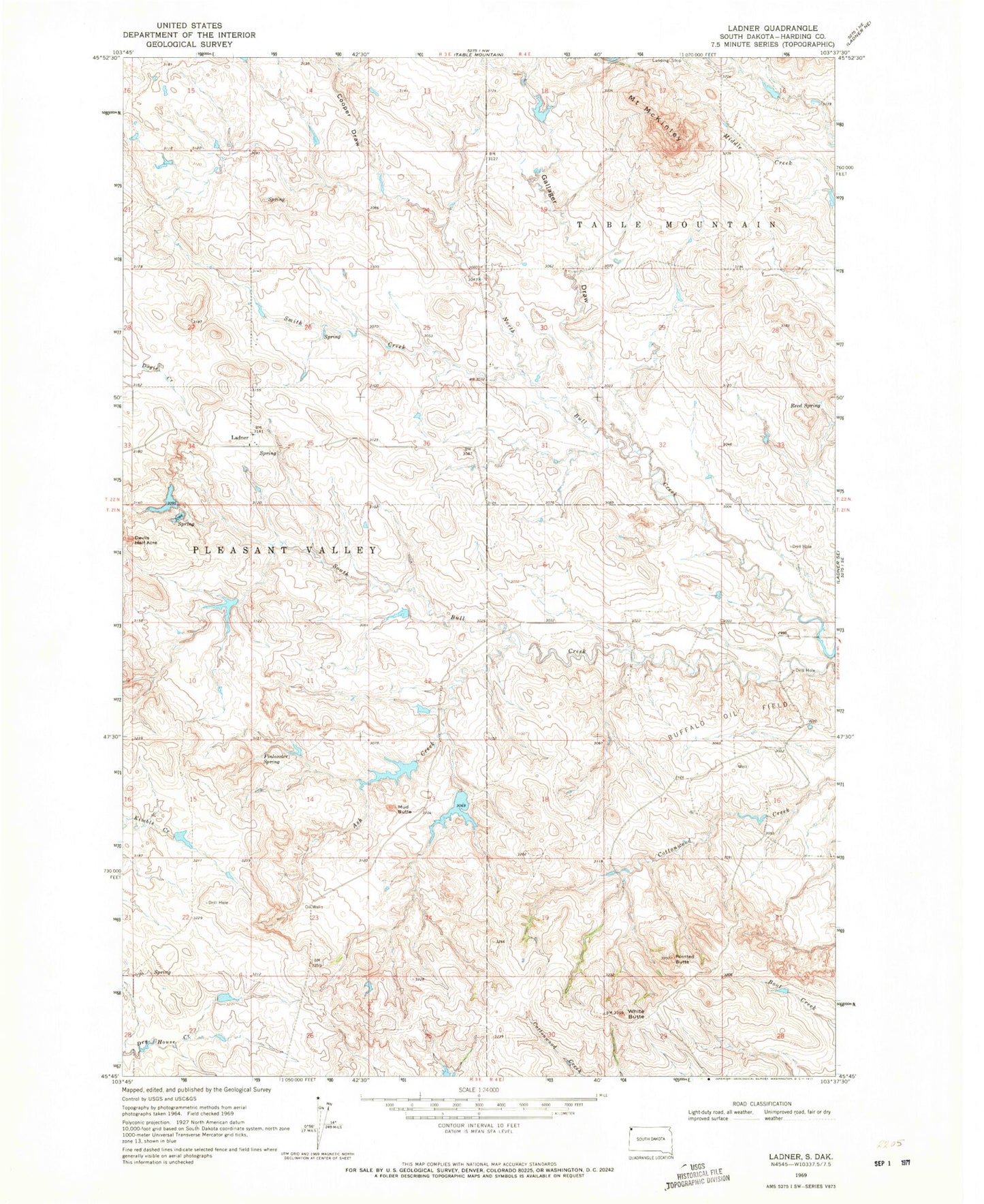 Classic USGS Ladner South Dakota 7.5'x7.5' Topo Map Image