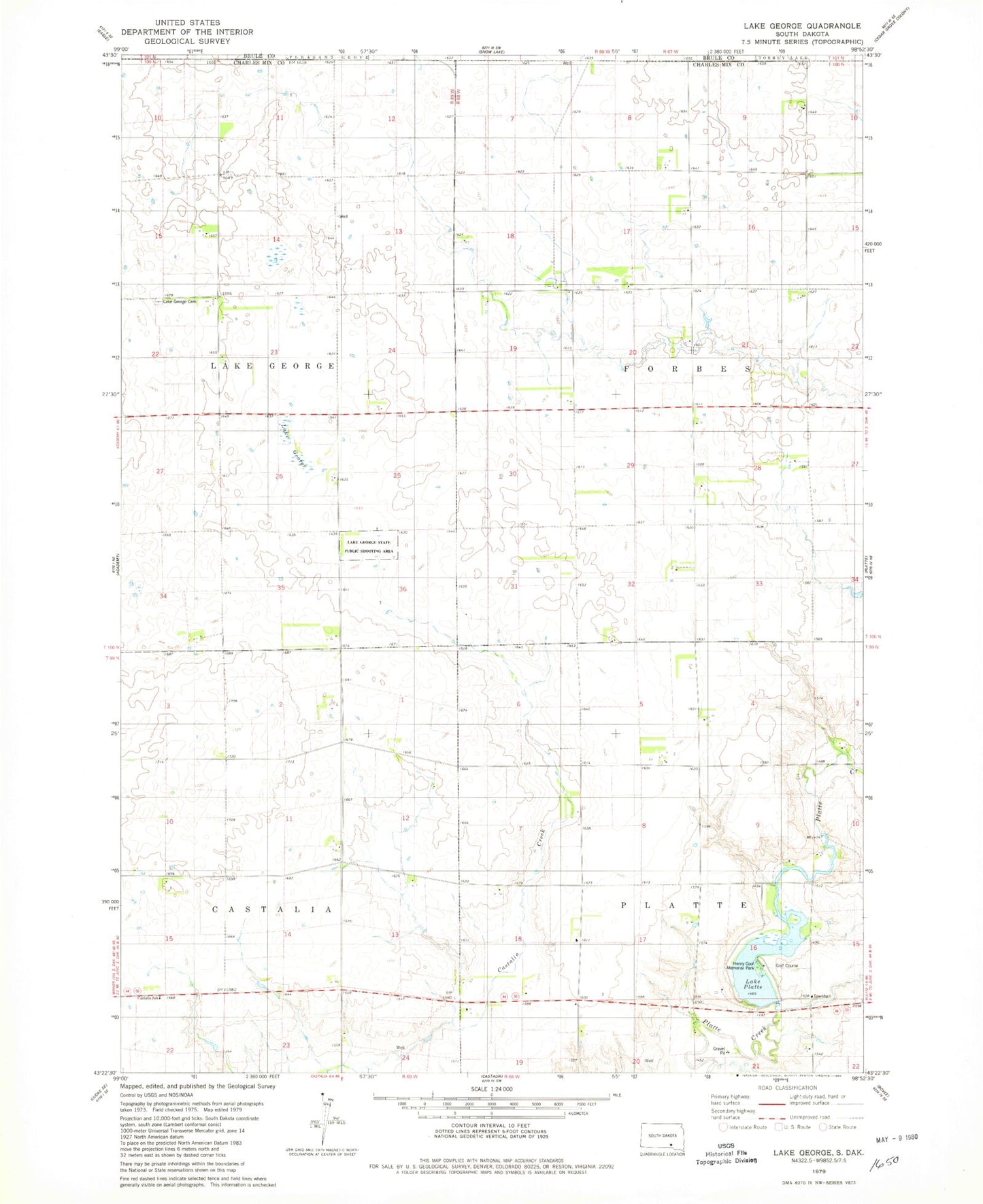 Classic USGS Lake George South Dakota 7.5'x7.5' Topo Map Image