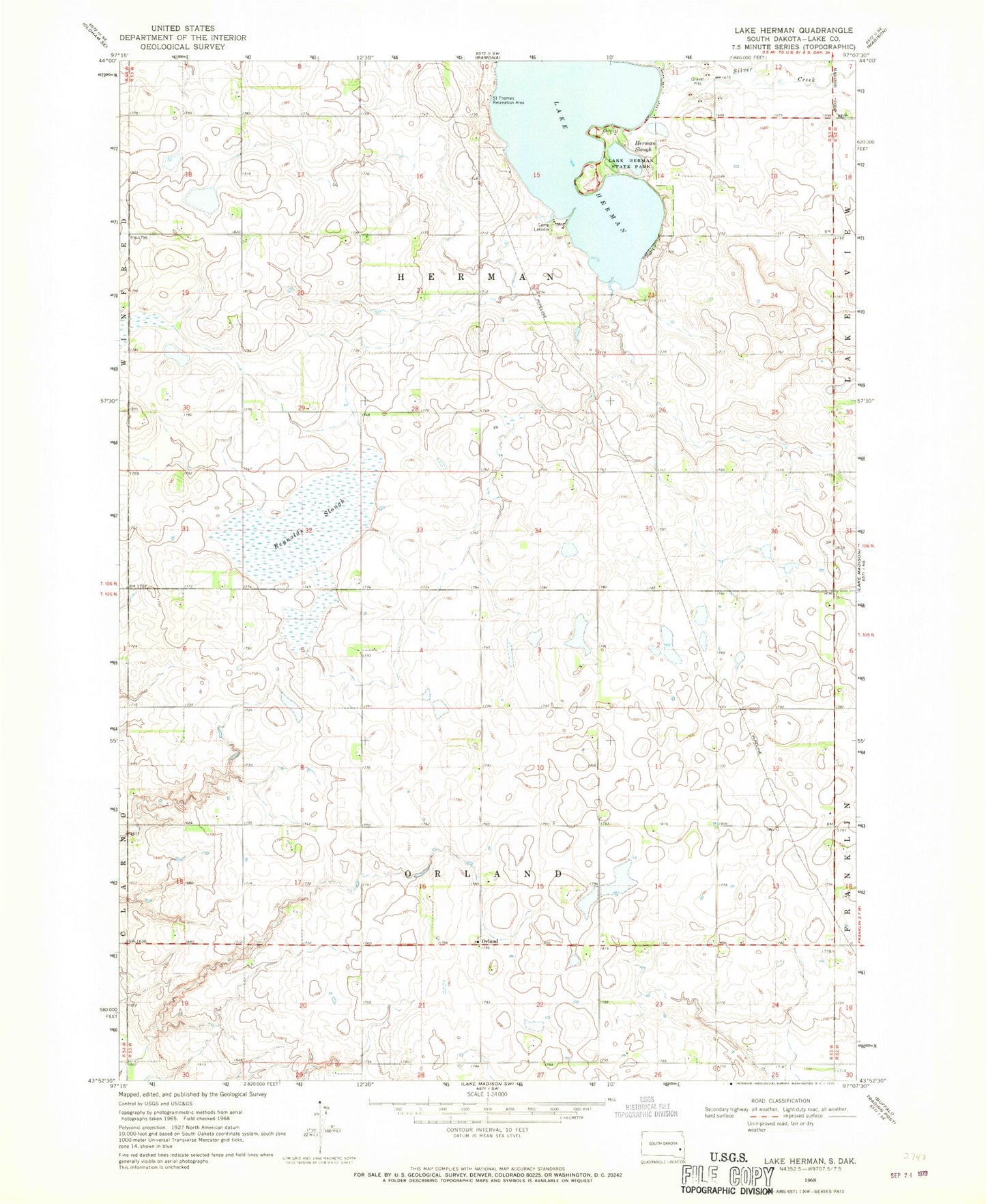 Classic USGS Lake Herman South Dakota 7.5'x7.5' Topo Map Image