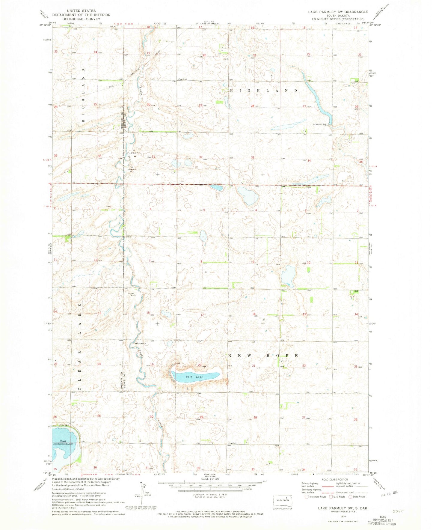 Classic USGS Lake Parmley SW South Dakota 7.5'x7.5' Topo Map Image