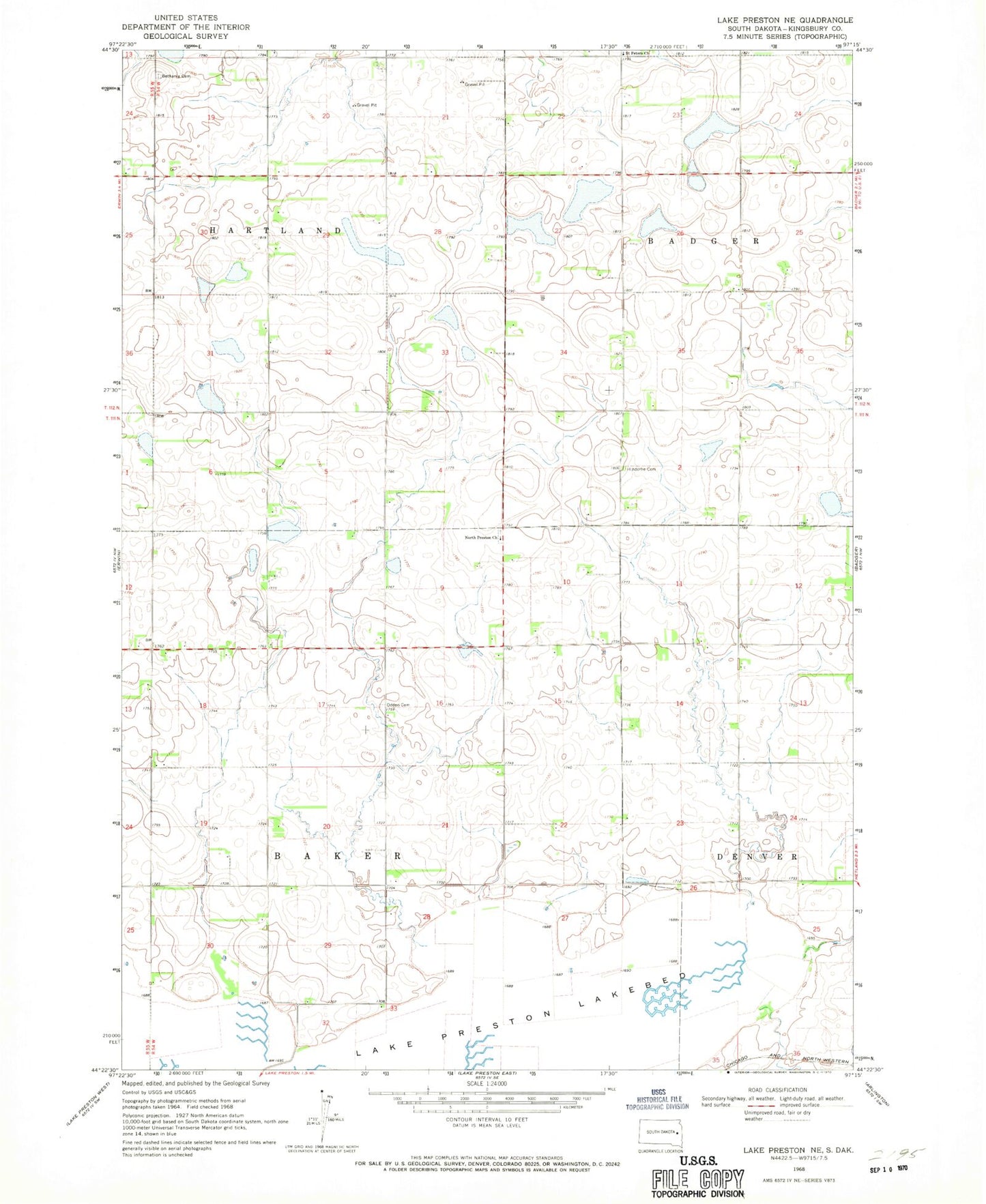 Classic USGS Lake Preston NE South Dakota 7.5'x7.5' Topo Map Image
