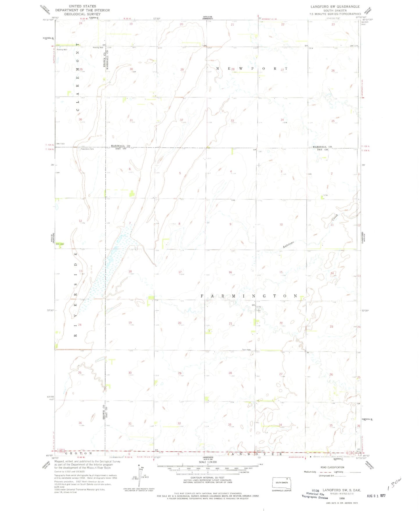 Classic USGS Langford SW South Dakota 7.5'x7.5' Topo Map Image