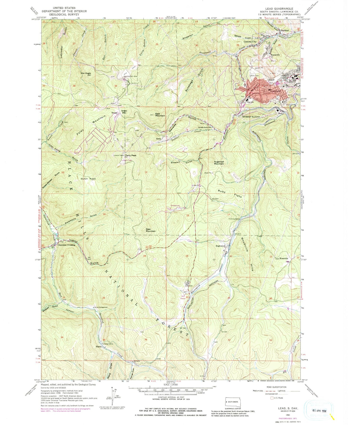 Classic USGS Lead South Dakota 7.5'x7.5' Topo Map Image