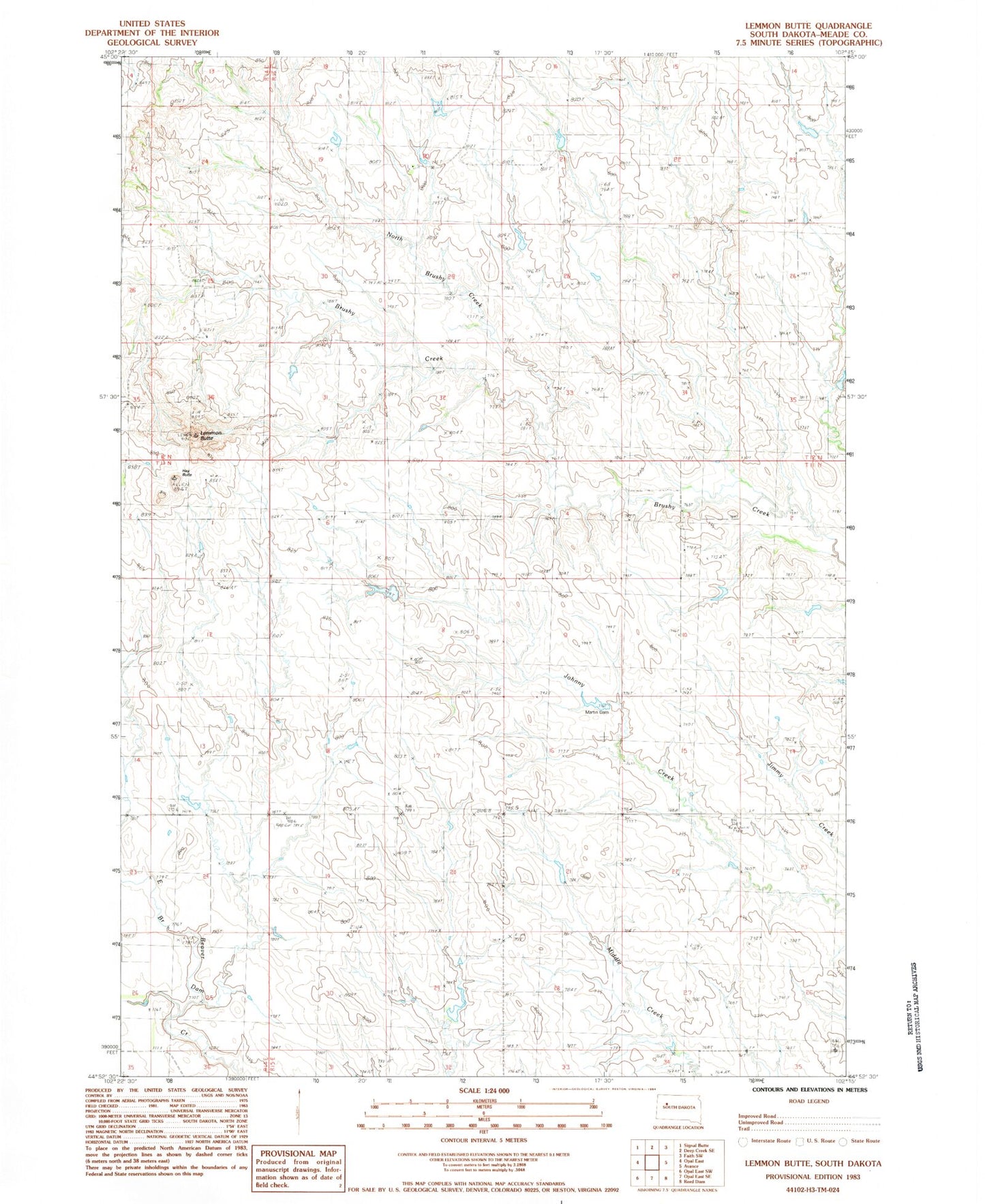 Classic USGS Lemmon Butte South Dakota 7.5'x7.5' Topo Map Image