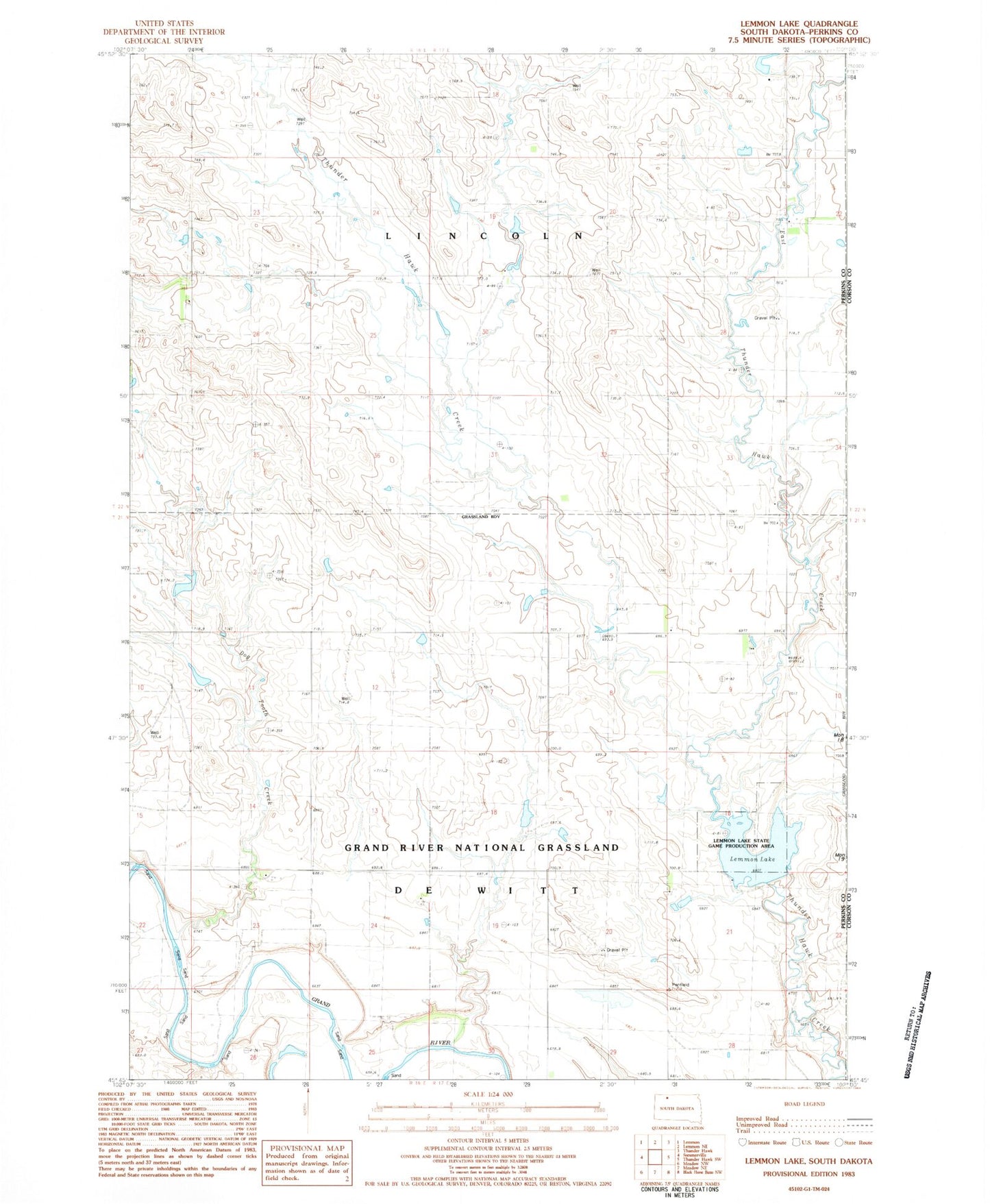 Classic USGS Lemmon Lake South Dakota 7.5'x7.5' Topo Map Image