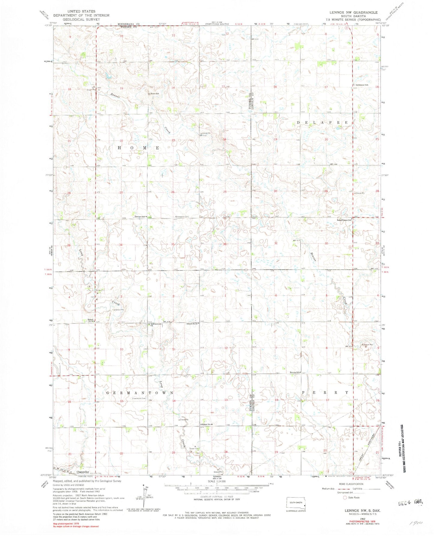 Classic USGS Lennox NW South Dakota 7.5'x7.5' Topo Map Image