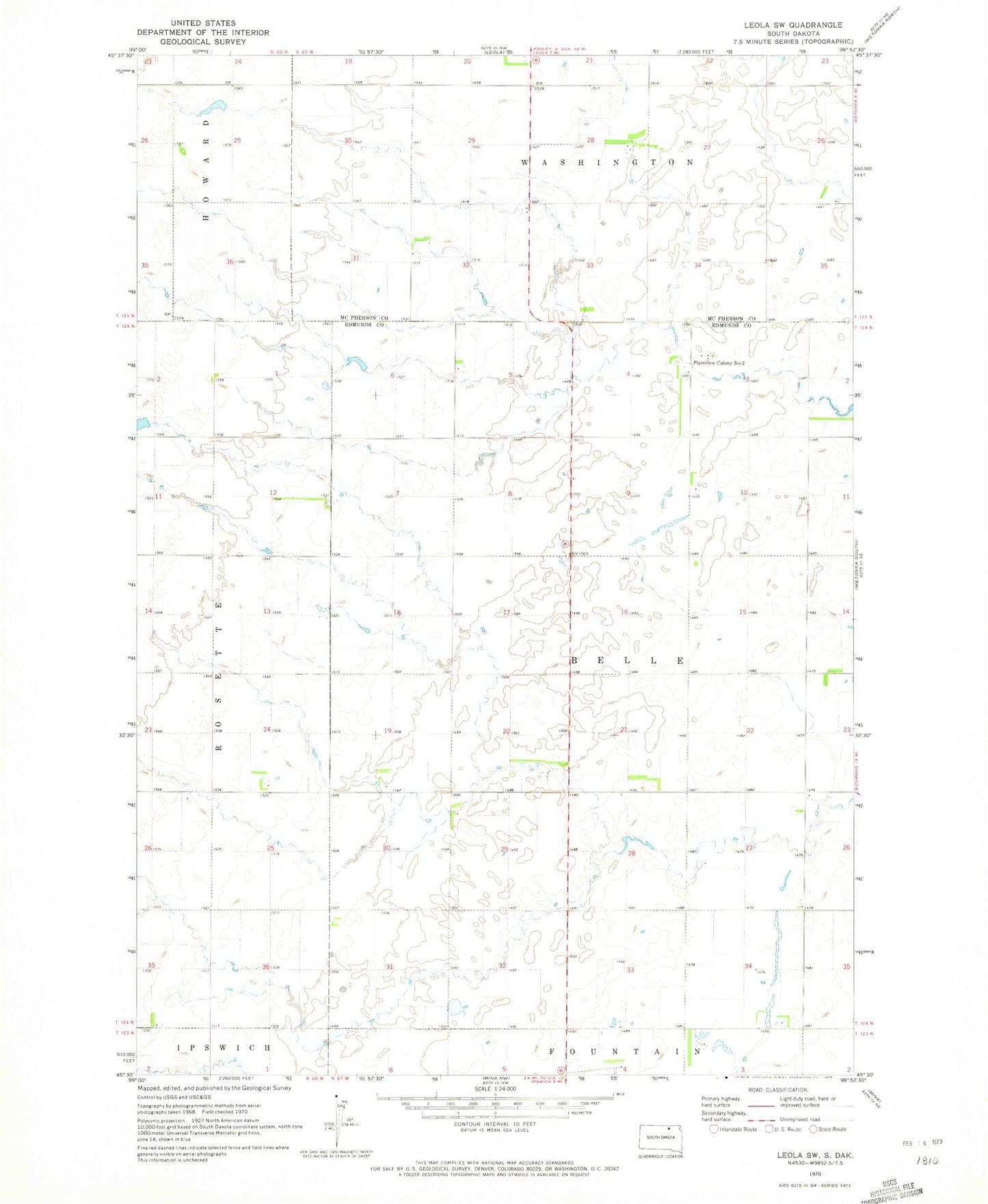 Classic USGS Leola SW South Dakota 7.5'x7.5' Topo Map Image