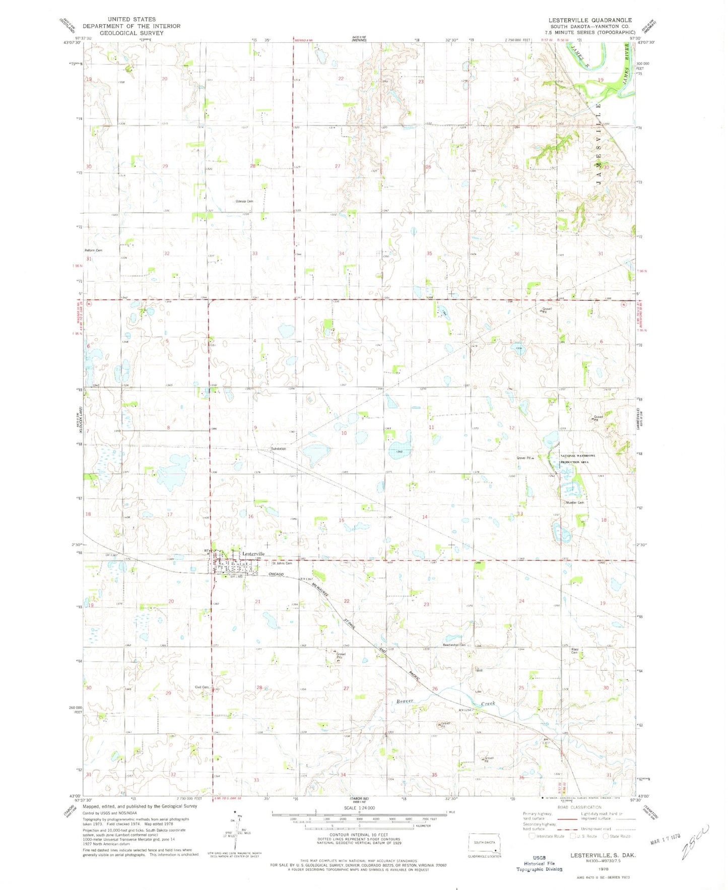 Classic USGS Lesterville South Dakota 7.5'x7.5' Topo Map Image