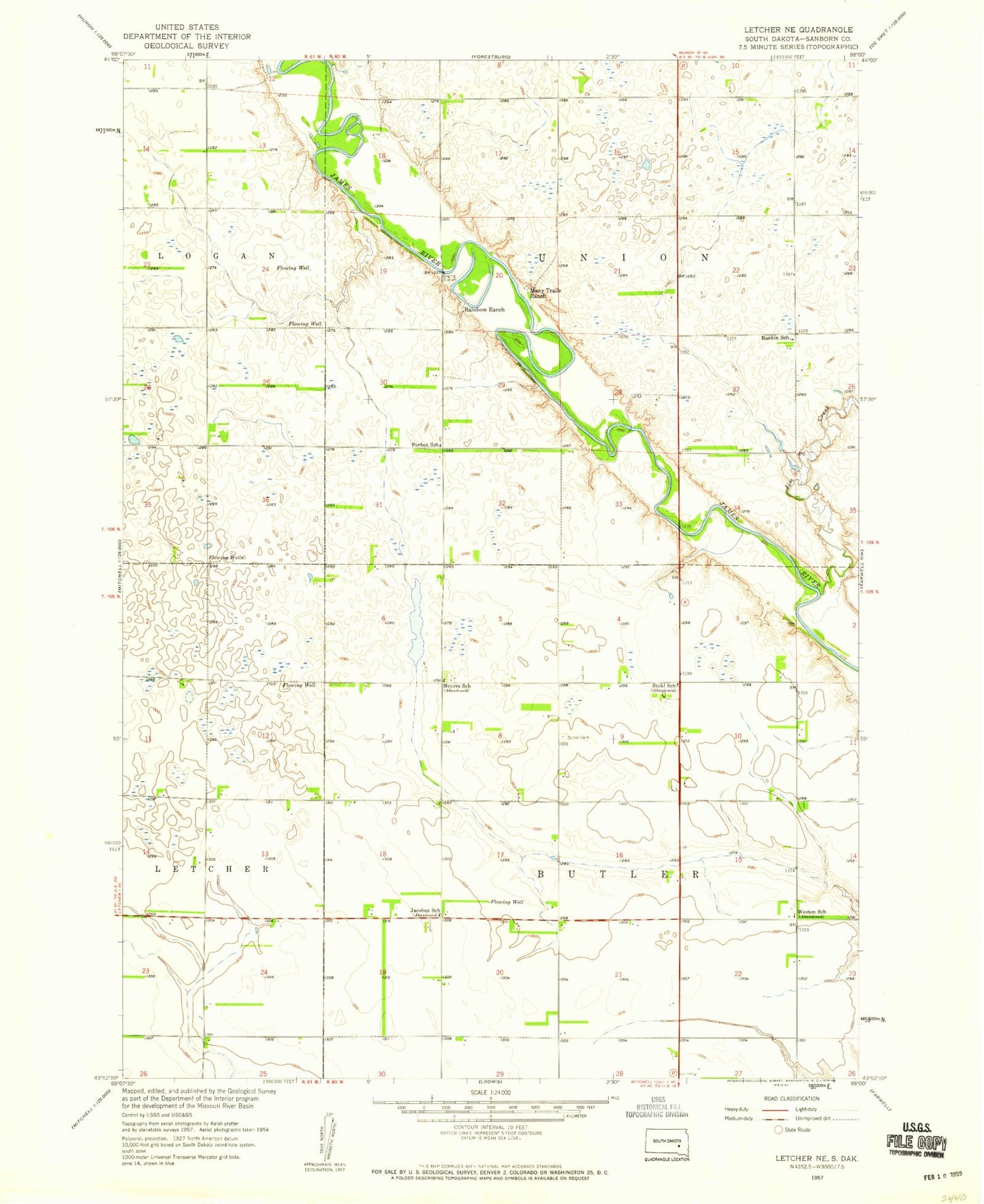 Classic USGS Letcher NE South Dakota 7.5'x7.5' Topo Map Image