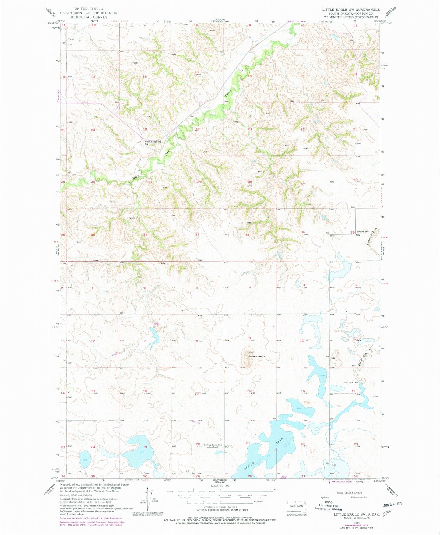 Classic USGS Little Eagle SW South Dakota 7.5'x7.5' Topo Map Image