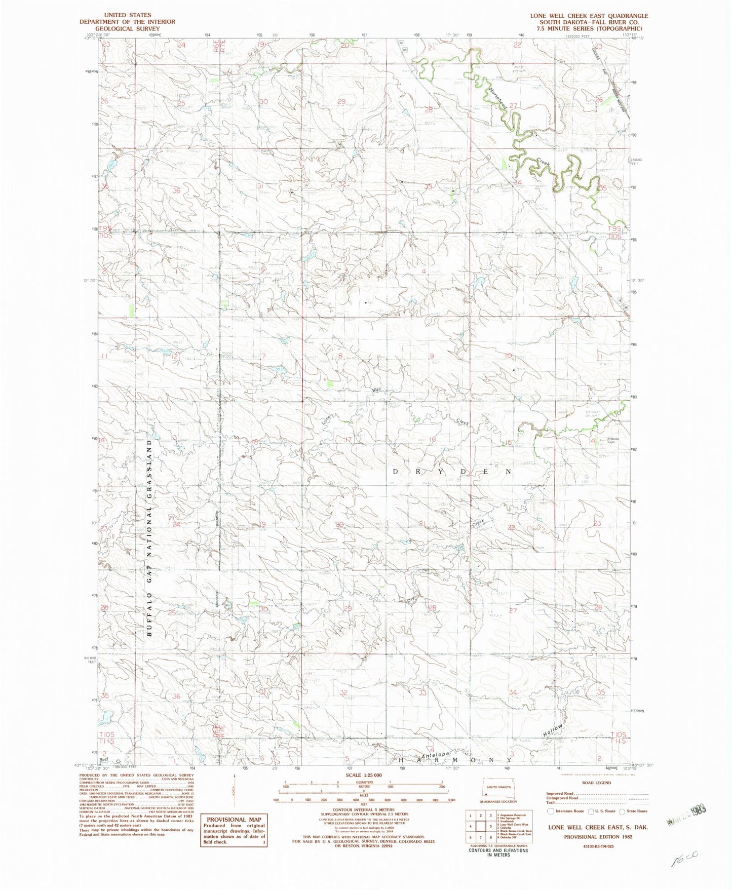 Classic USGS Lone Well Creek East South Dakota 7.5'x7.5' Topo Map Image