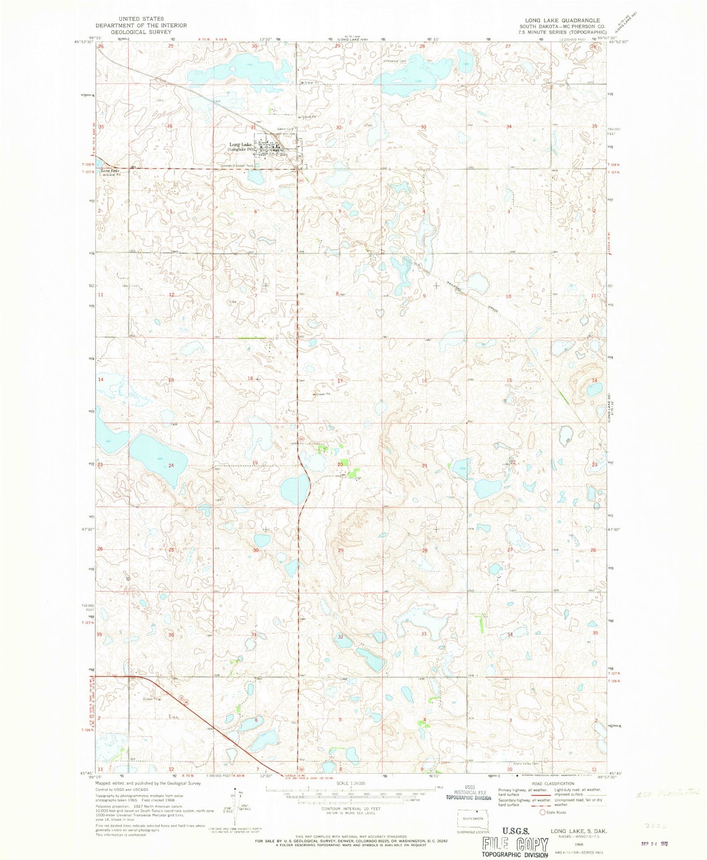 Classic USGS Long Lake South Dakota 7.5'x7.5' Topo Map Image