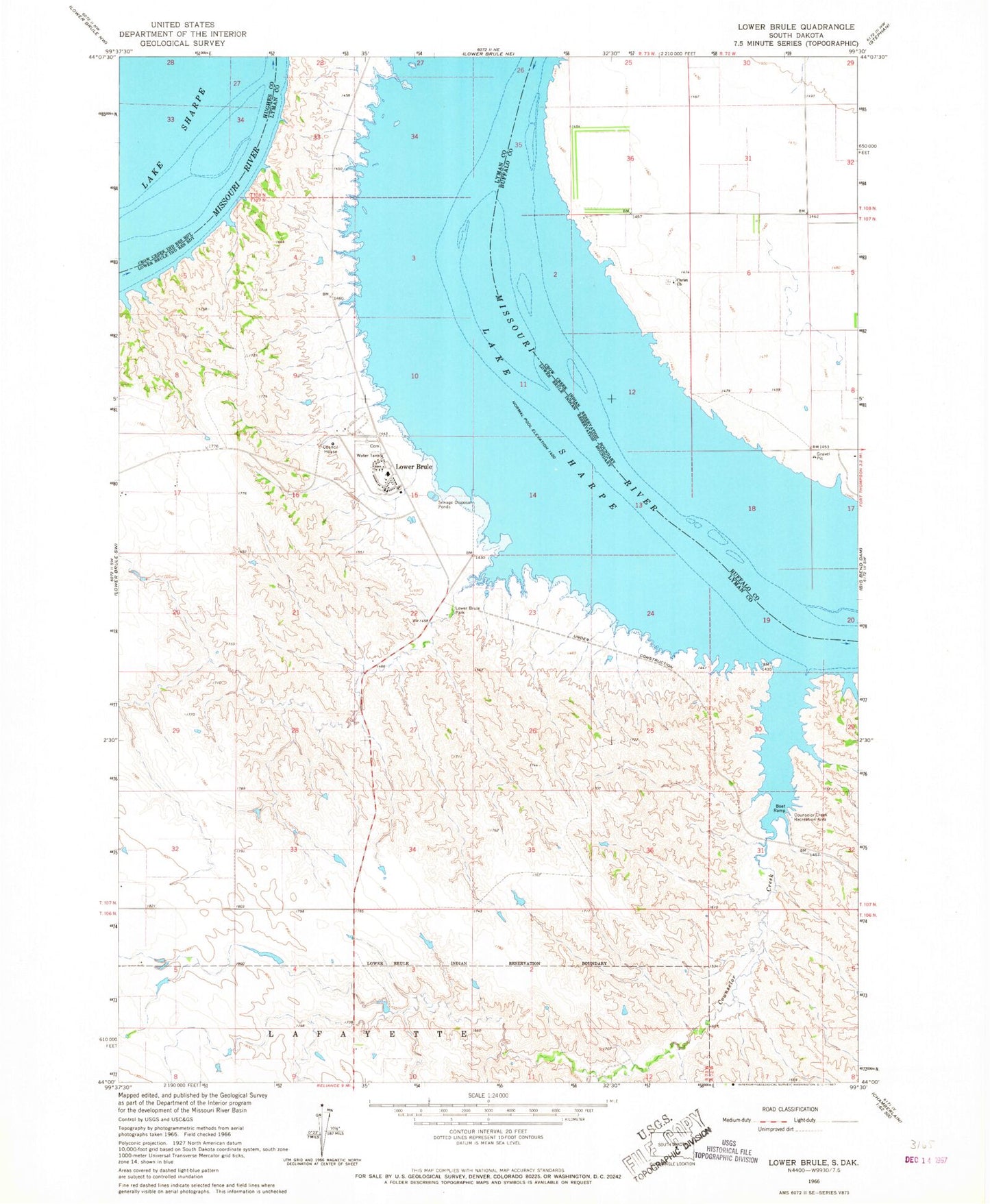 Classic USGS Lower Brule South Dakota 7.5'x7.5' Topo Map Image