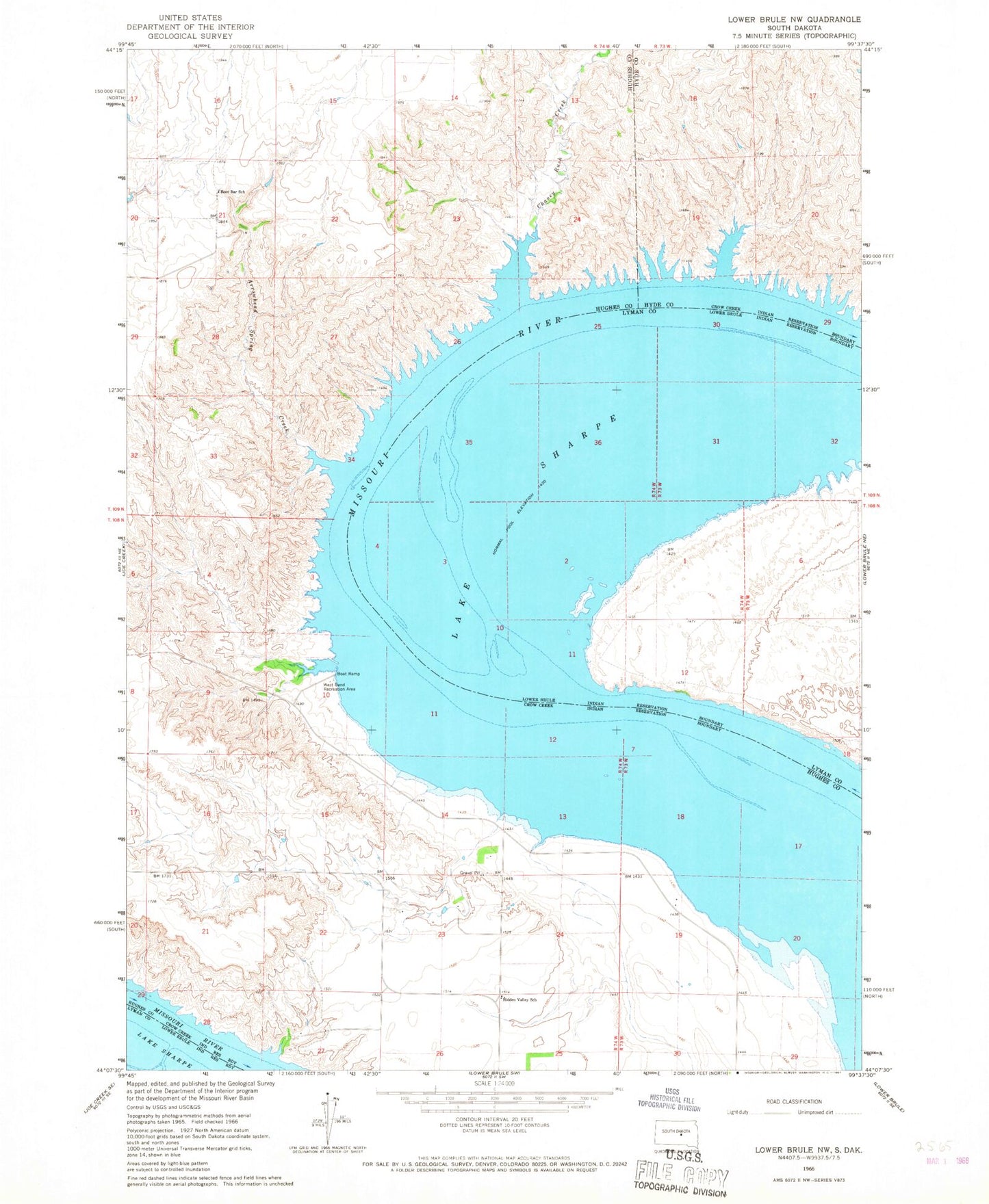 Classic USGS Lower Brule NW South Dakota 7.5'x7.5' Topo Map Image
