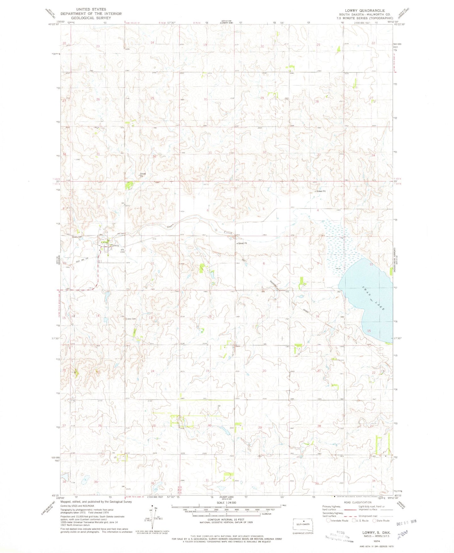 Classic USGS Lowry South Dakota 7.5'x7.5' Topo Map Image