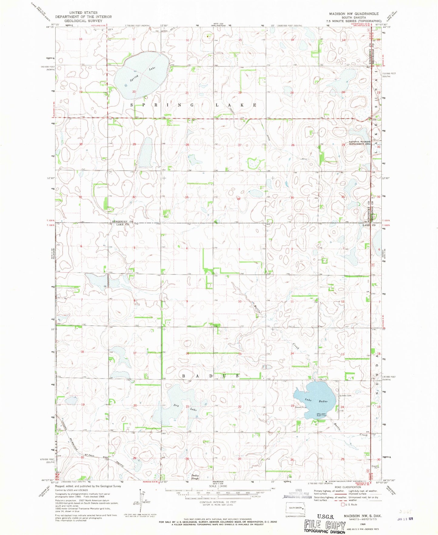 Classic USGS Madison NW South Dakota 7.5'x7.5' Topo Map Image