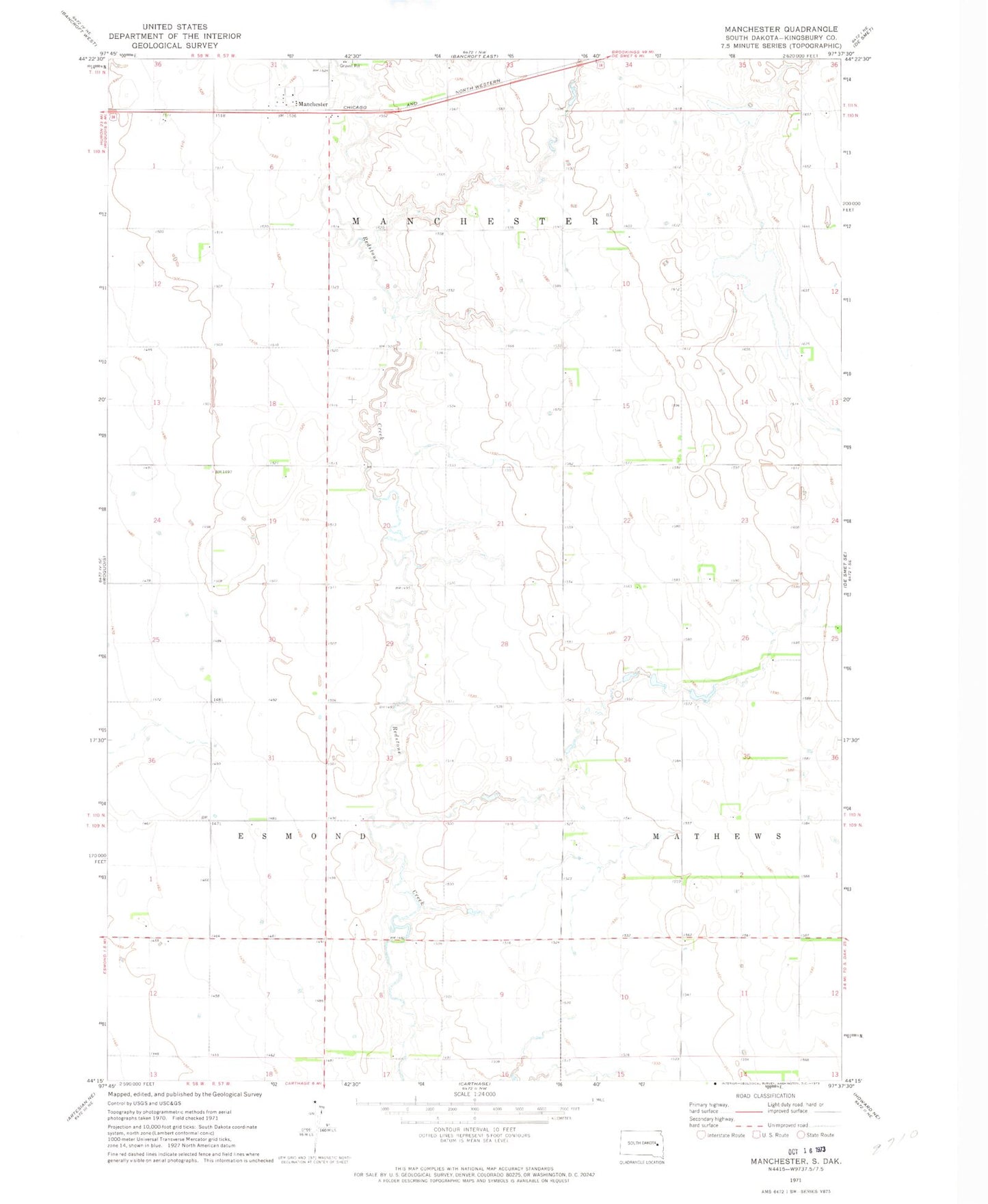 Classic USGS Manchester South Dakota 7.5'x7.5' Topo Map Image