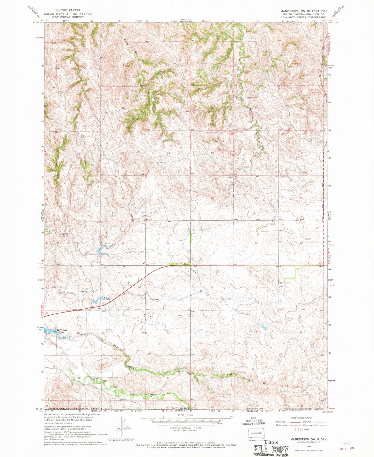 Classic USGS Manderson SW South Dakota 7.5'x7.5' Topo Map Image