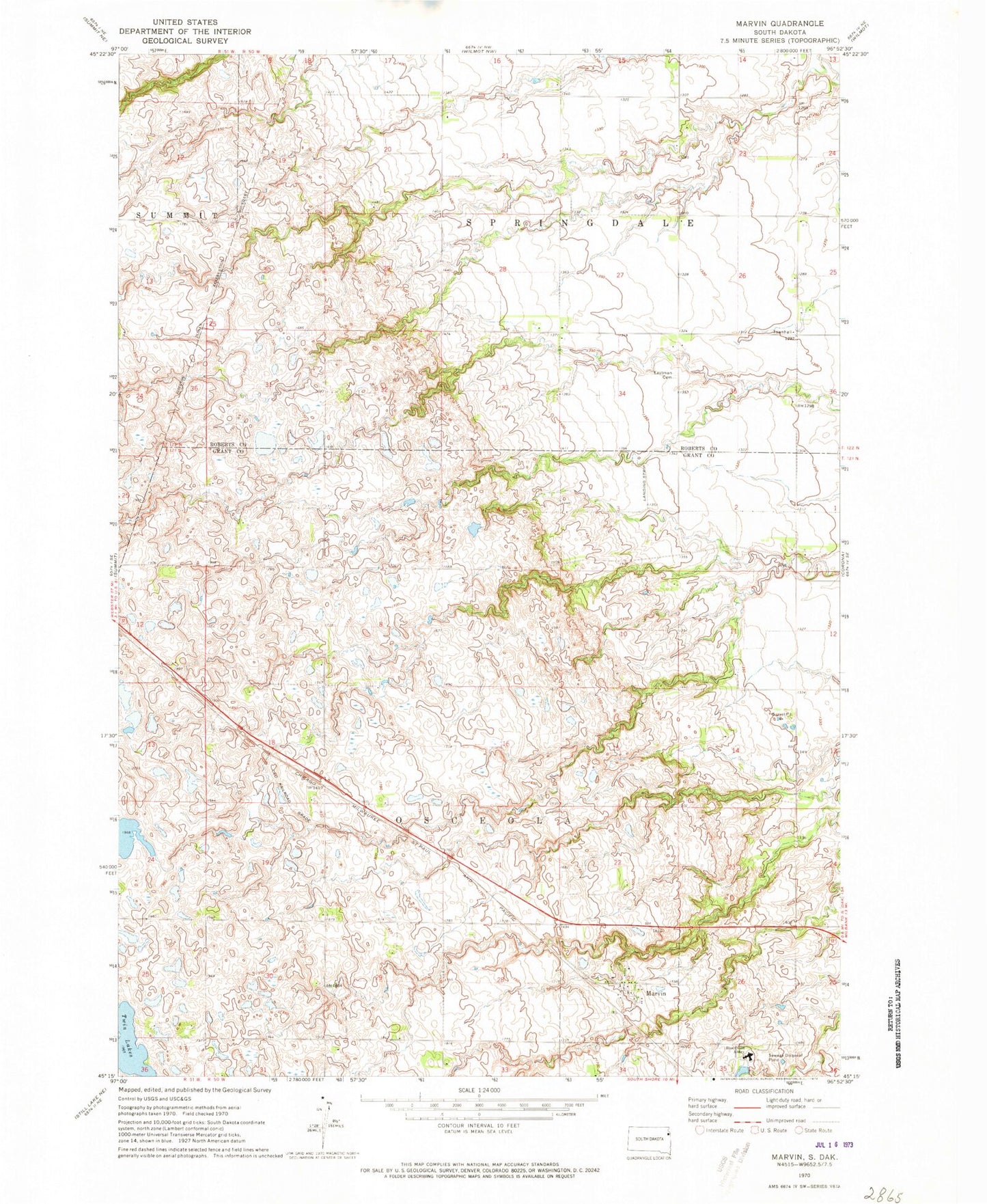 Classic USGS Marvin South Dakota 7.5'x7.5' Topo Map Image