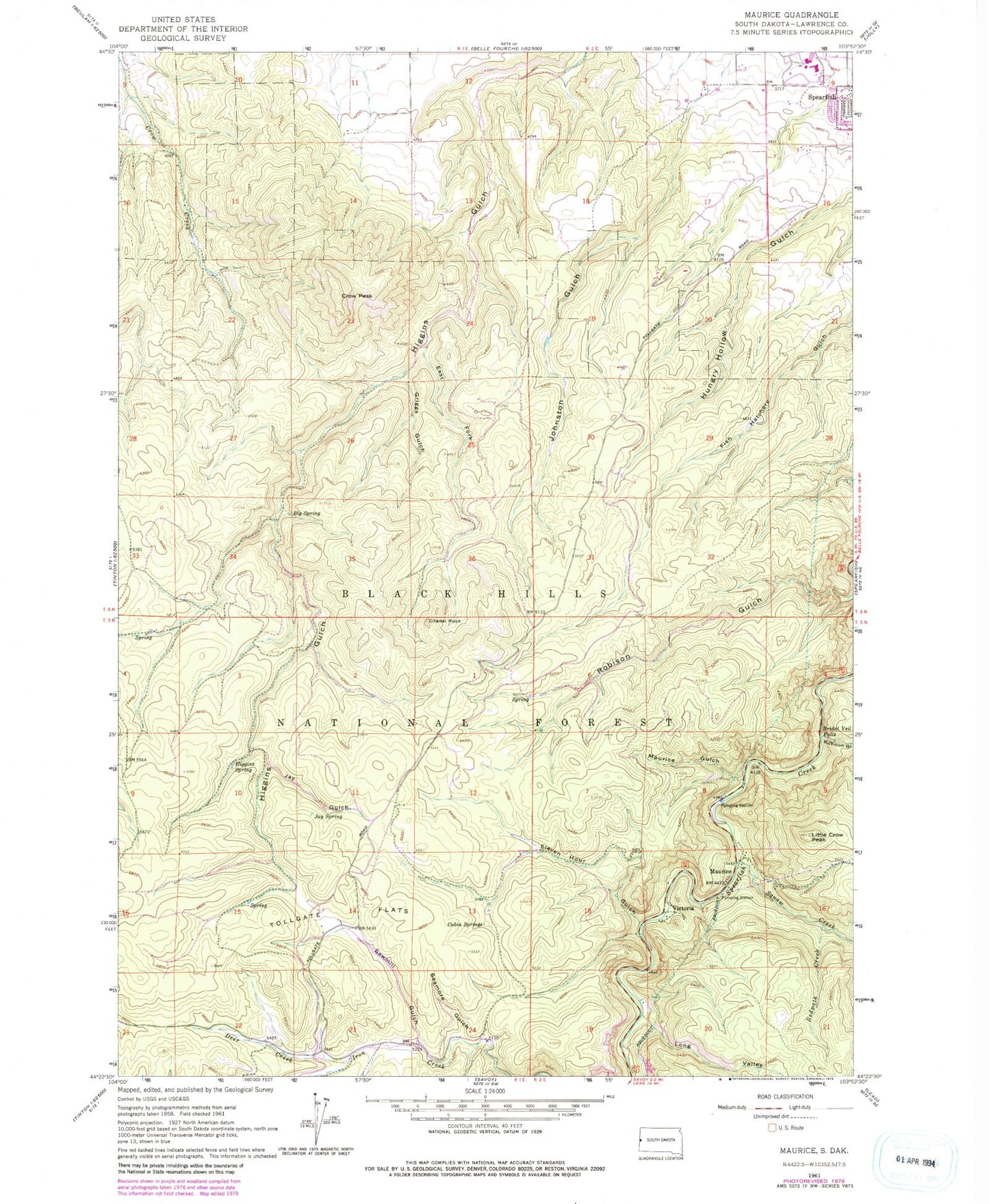 Classic USGS Maurice South Dakota 7.5'x7.5' Topo Map Image