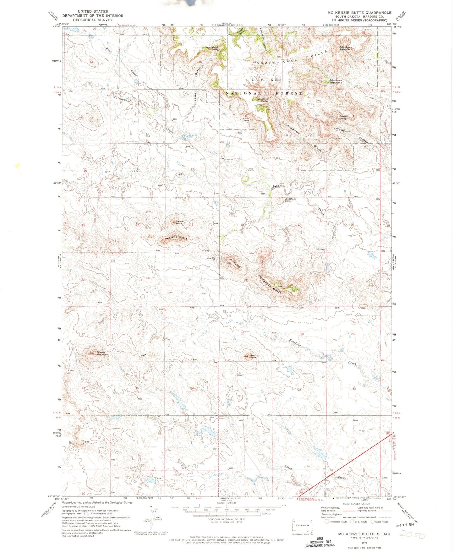 Classic USGS McKenzie Butte South Dakota 7.5'x7.5' Topo Map Image