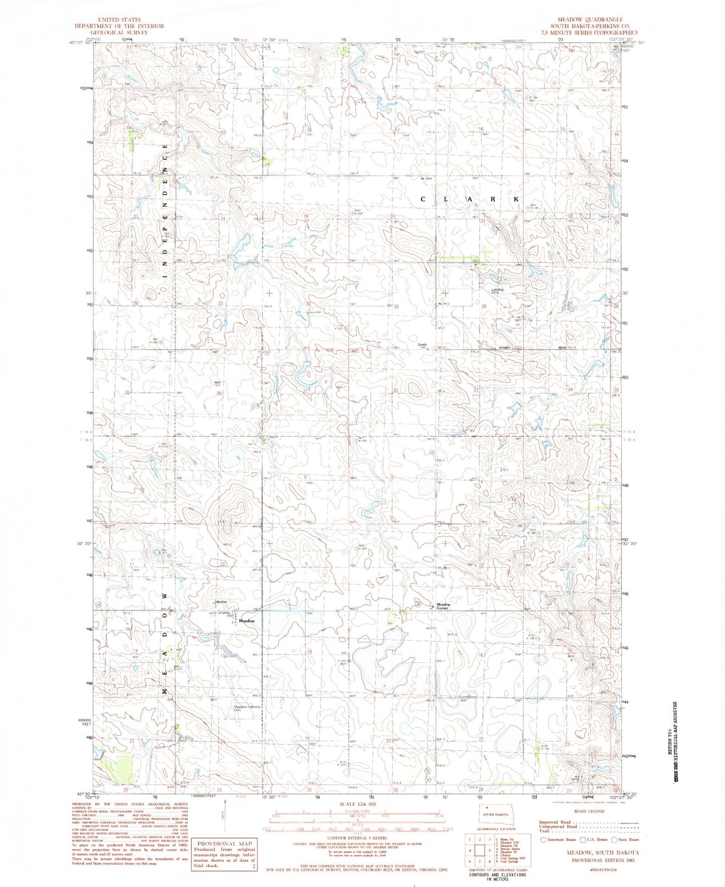 Classic USGS Meadow South Dakota 7.5'x7.5' Topo Map Image