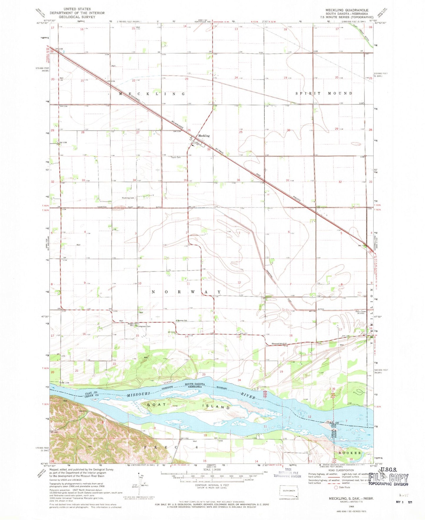 Classic USGS Meckling South Dakota 7.5'x7.5' Topo Map Image