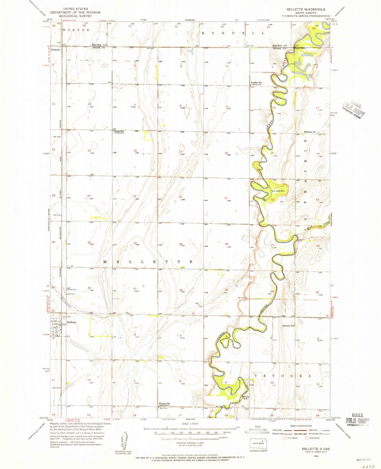 Classic USGS Mellette South Dakota 7.5'x7.5' Topo Map Image