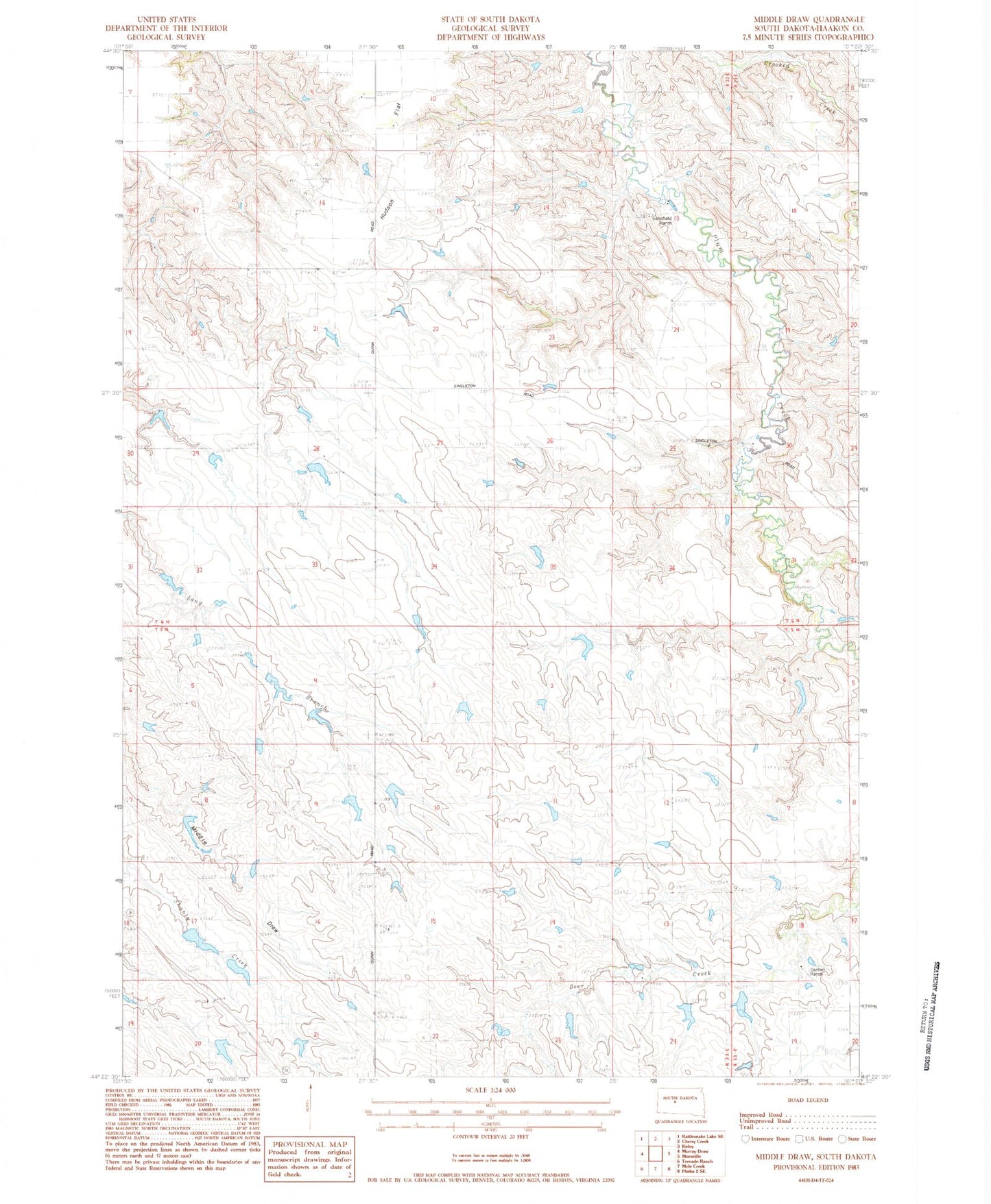 Classic USGS Middle Draw South Dakota 7.5'x7.5' Topo Map Image