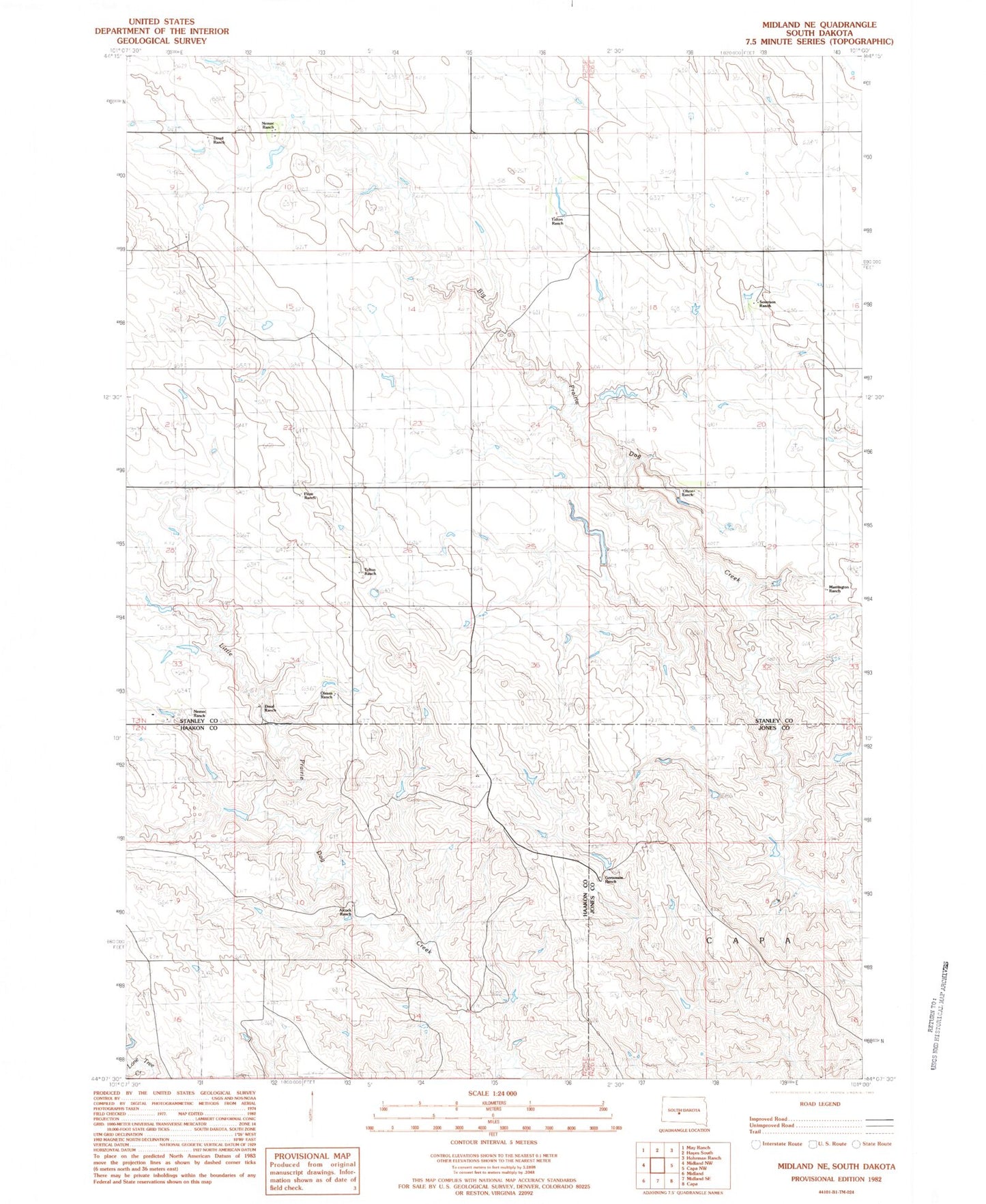 Classic USGS Midland NE South Dakota 7.5'x7.5' Topo Map Image