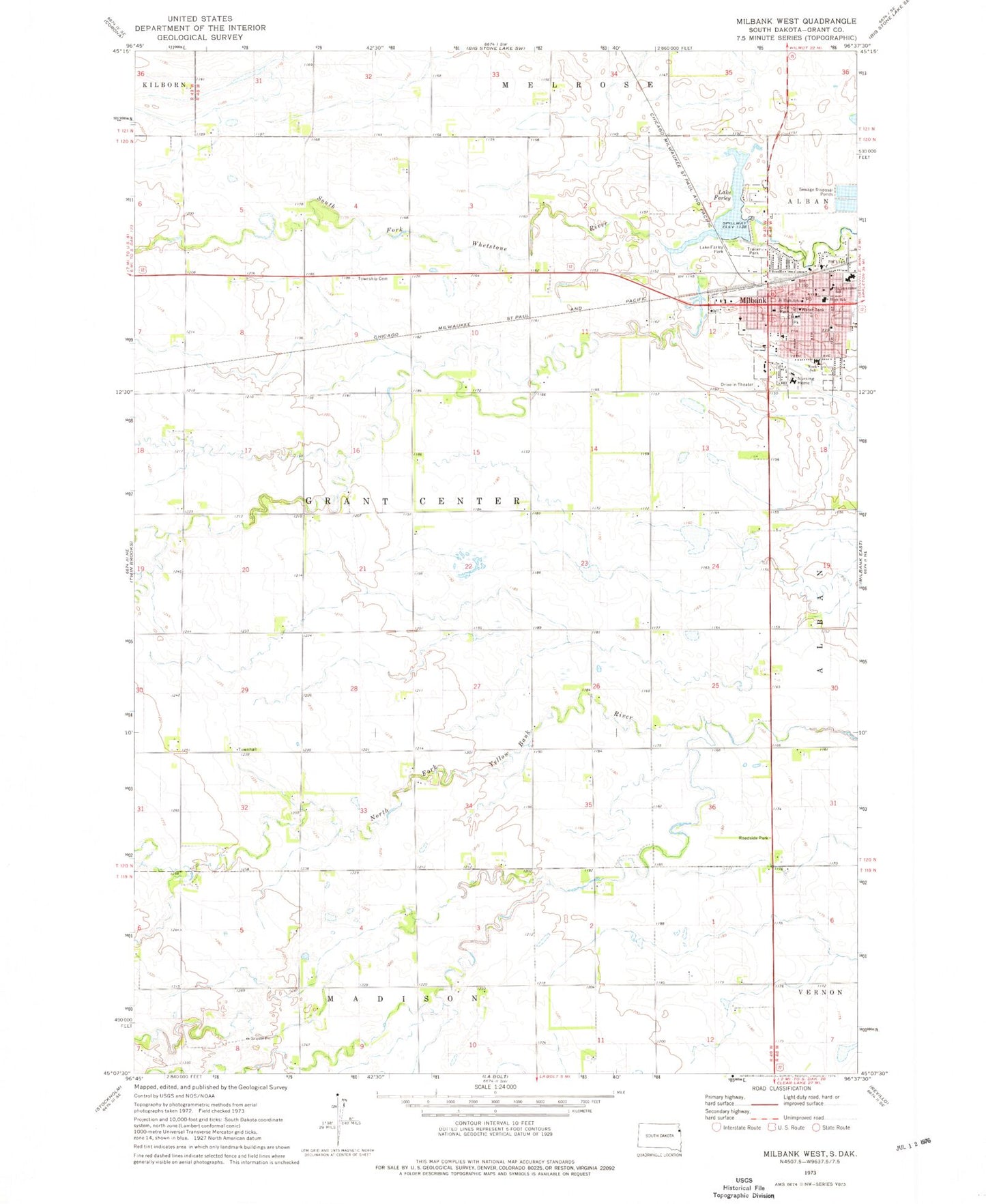Classic USGS Milbank West South Dakota 7.5'x7.5' Topo Map Image