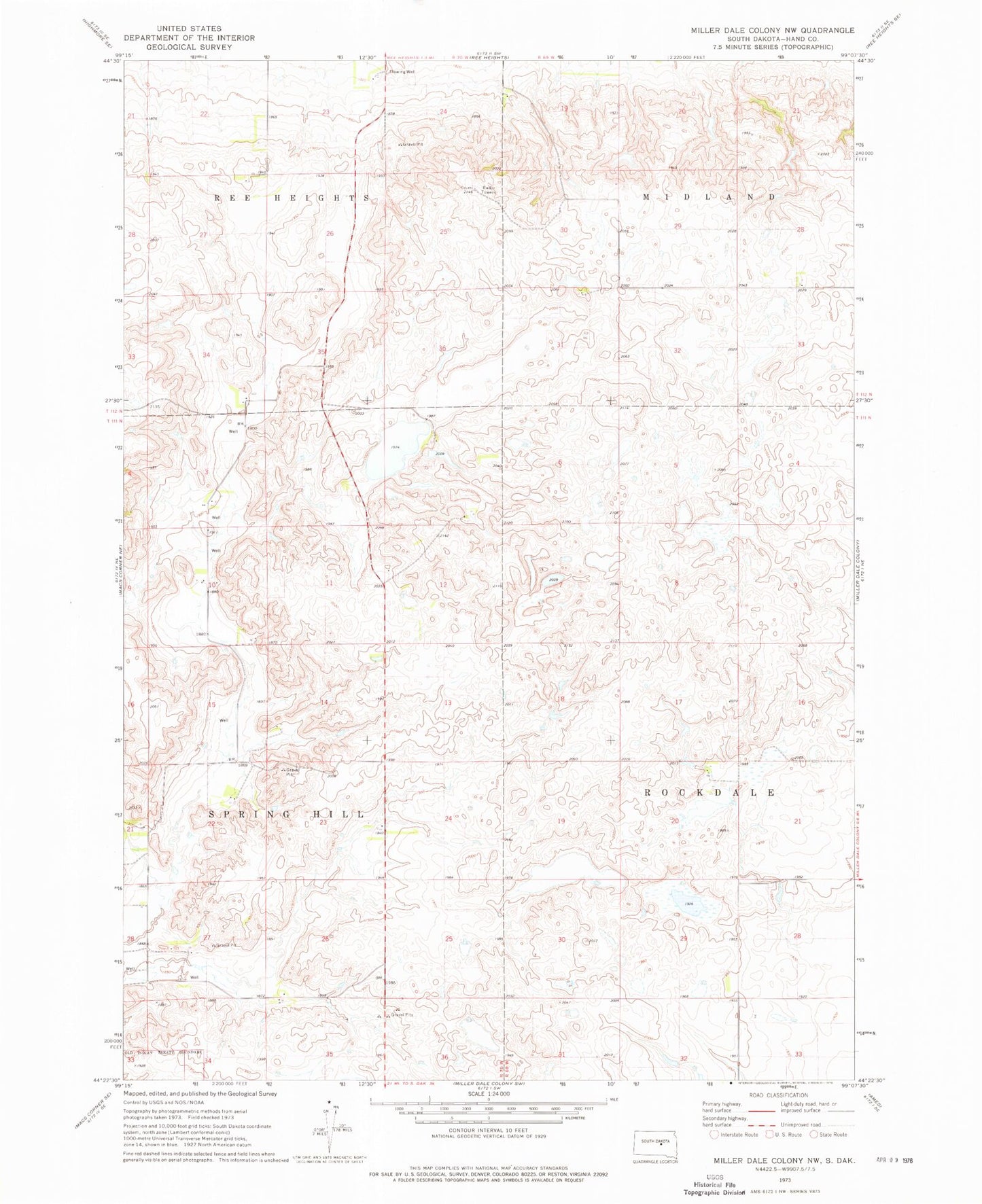 Classic USGS Miller Dale Colony NW South Dakota 7.5'x7.5' Topo Map Image